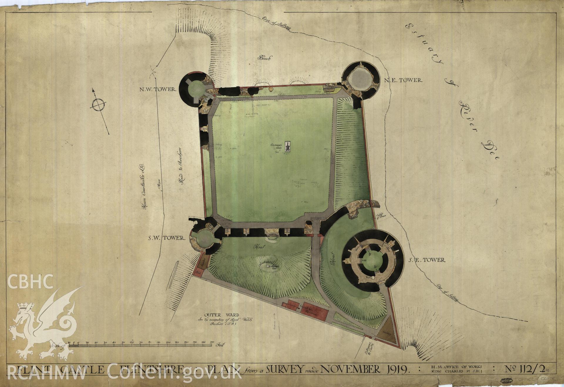 Cadw guardianship monument drawing of Flint Castle. General plan, (well tinted). Cadw Ref. No:112/2A1. Scale 1:192.