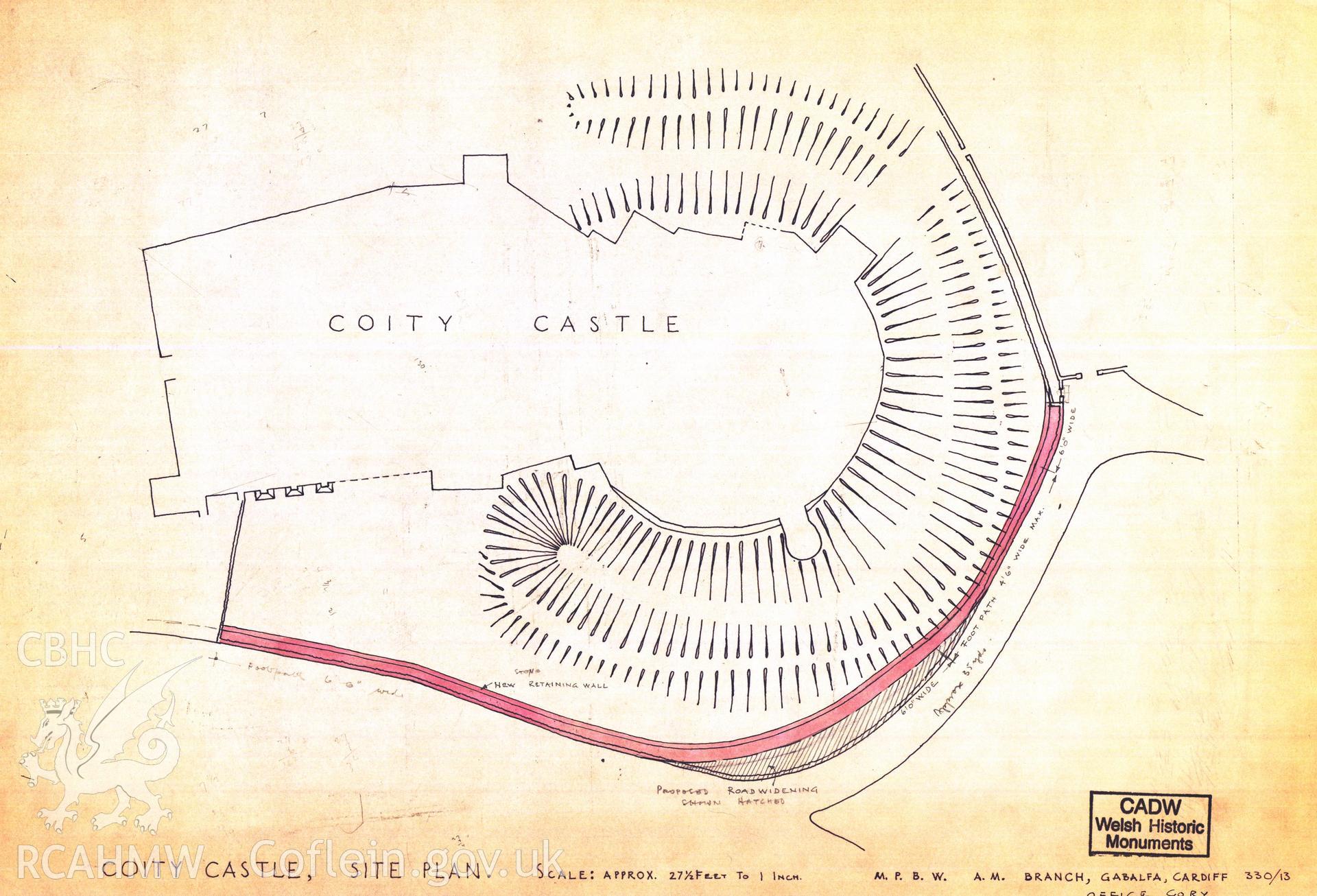 Cadw guardianship monument drawing of Coity Castle. Road widening. Cadw Ref. No:330/13.