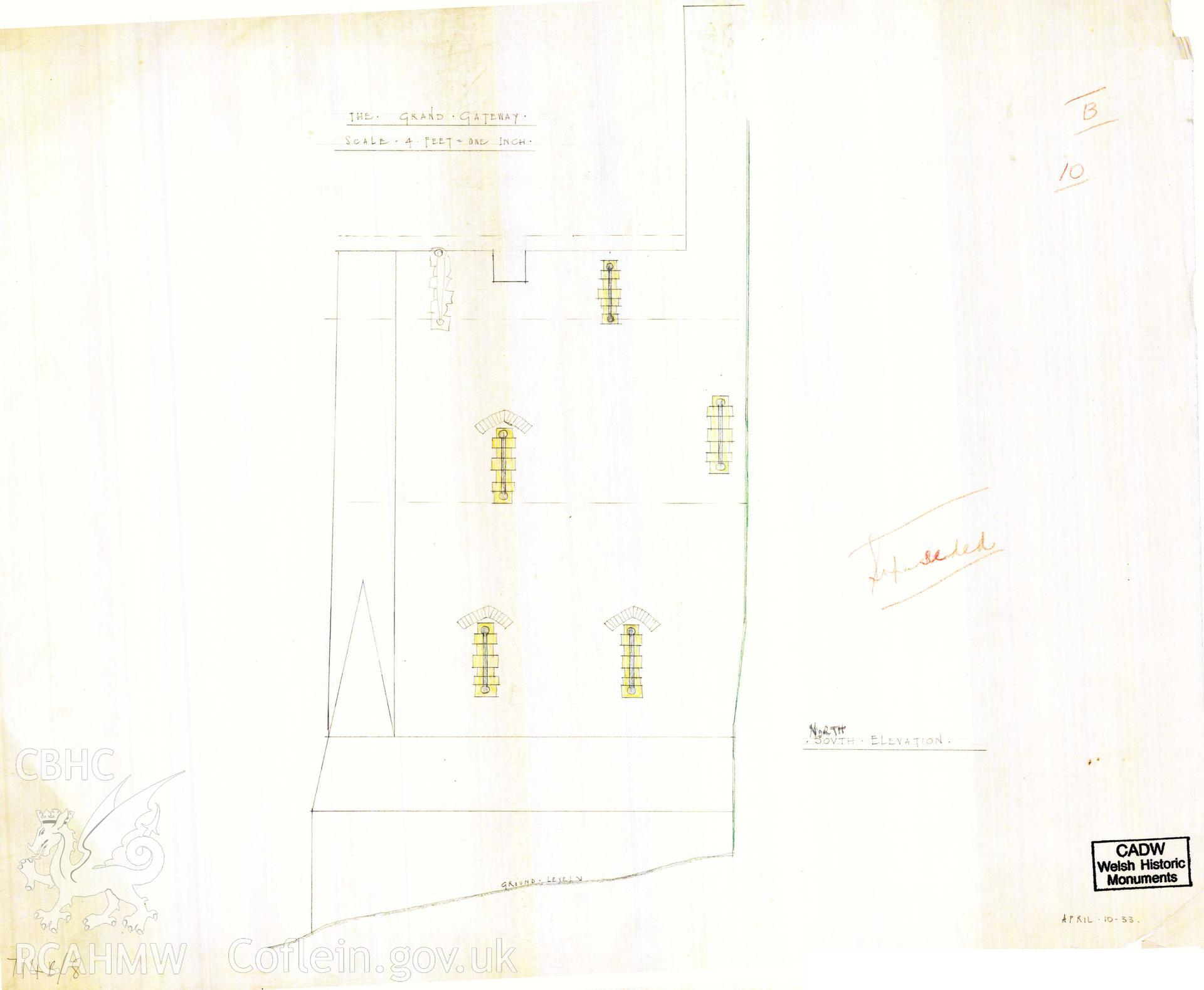 Digital copy of Cadw guardianship monument drawing of Caerphilly Castle. Outer E gate, N elev, superseded. Cadw ref. no: 714B/8. Scale 1:48. Original drawing withdrawn and returned to Cadw at their request.
