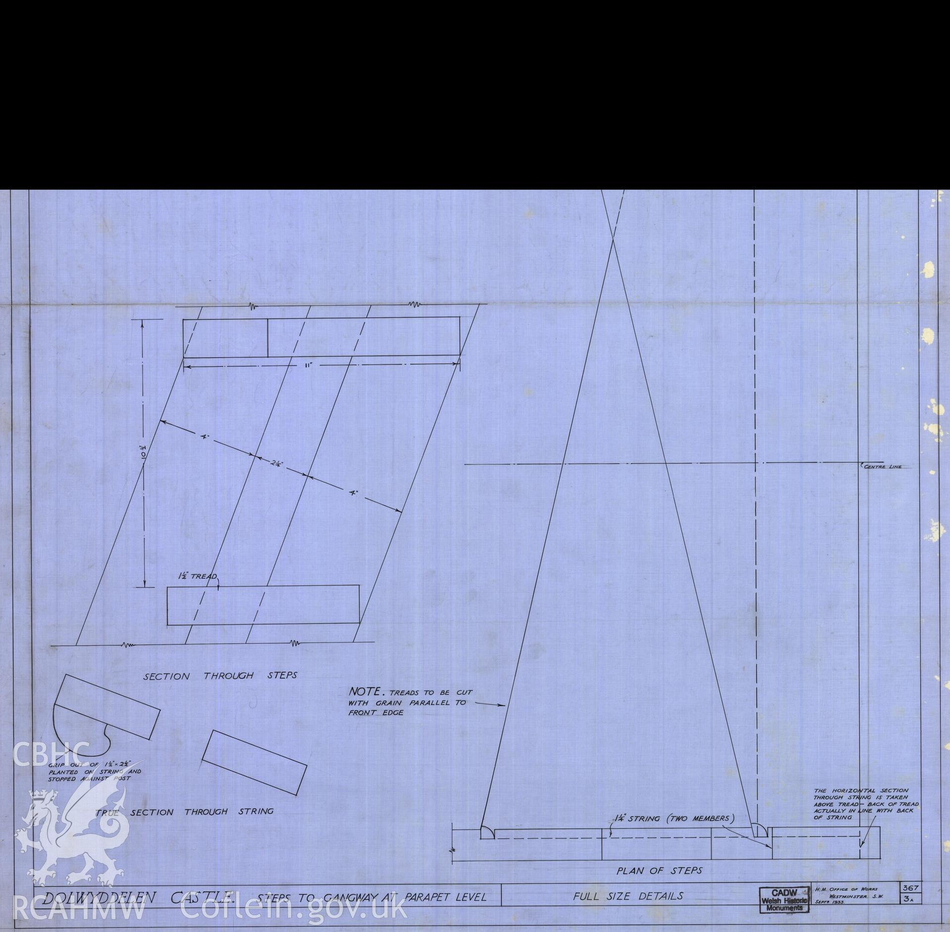 Cadw guardianship monument drawing of Dolwyddelen Castle. Steps up to parapet. Cadw Ref. No:367/3A. Scale 1:1.