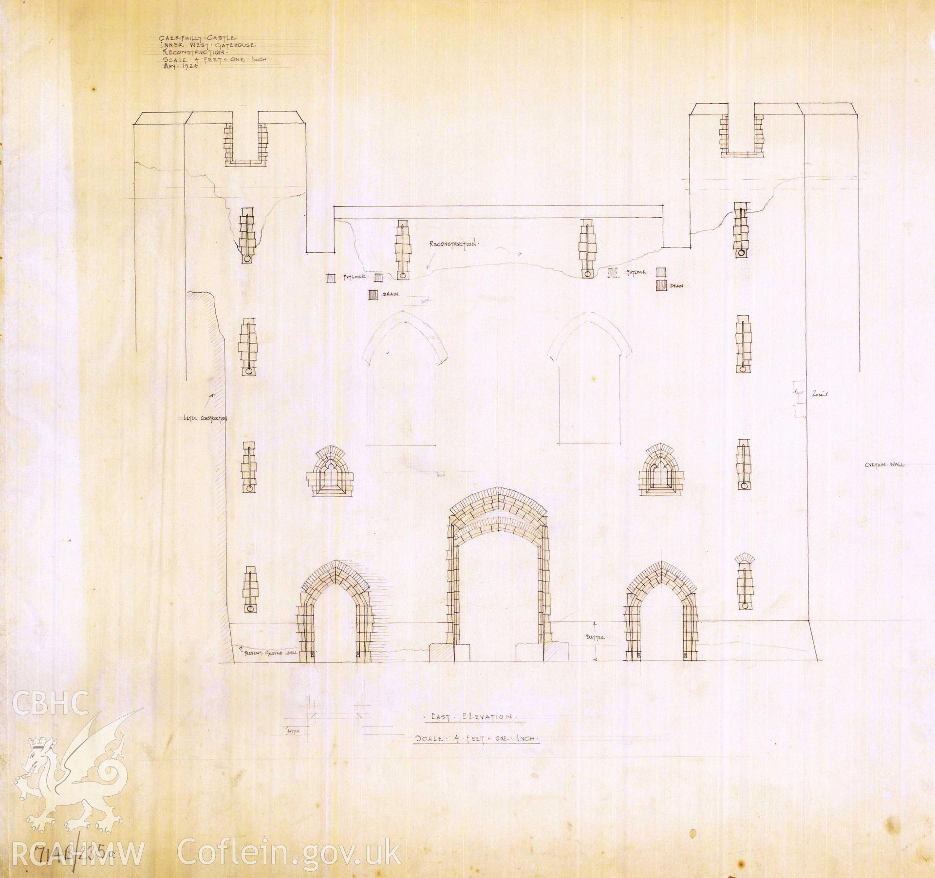 Cadw guardianship monument drawing of Caerphilly Castle. [Inner W gate, E elev (i)]. Cadw Ref. No:714B/235a. Scale 1:48.