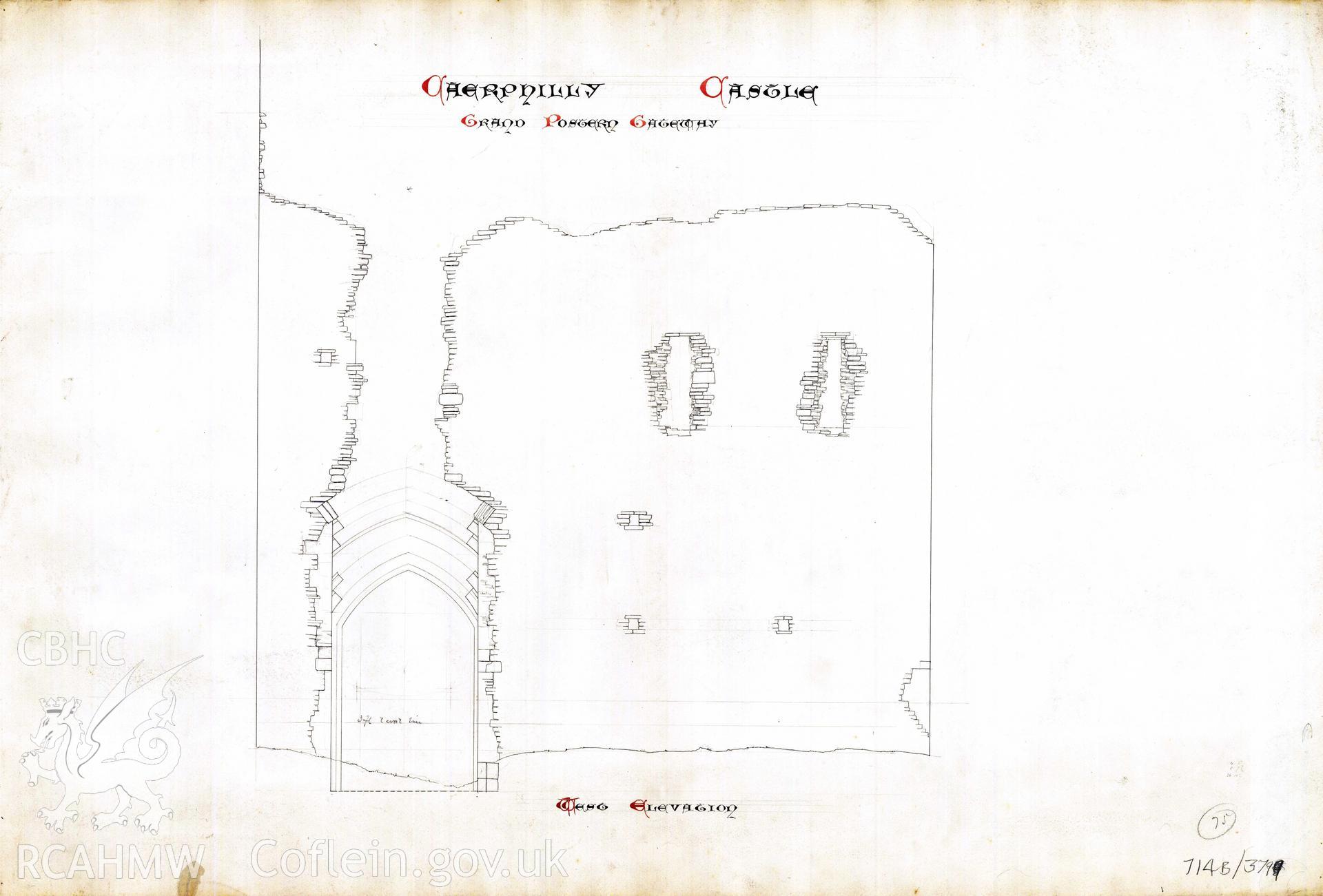 Cadw guardianship monument drawing of Caerphilly Castle. Outer E gate, W (rear) elev. Cadw Ref. No:714B/379. Scale 1:24.