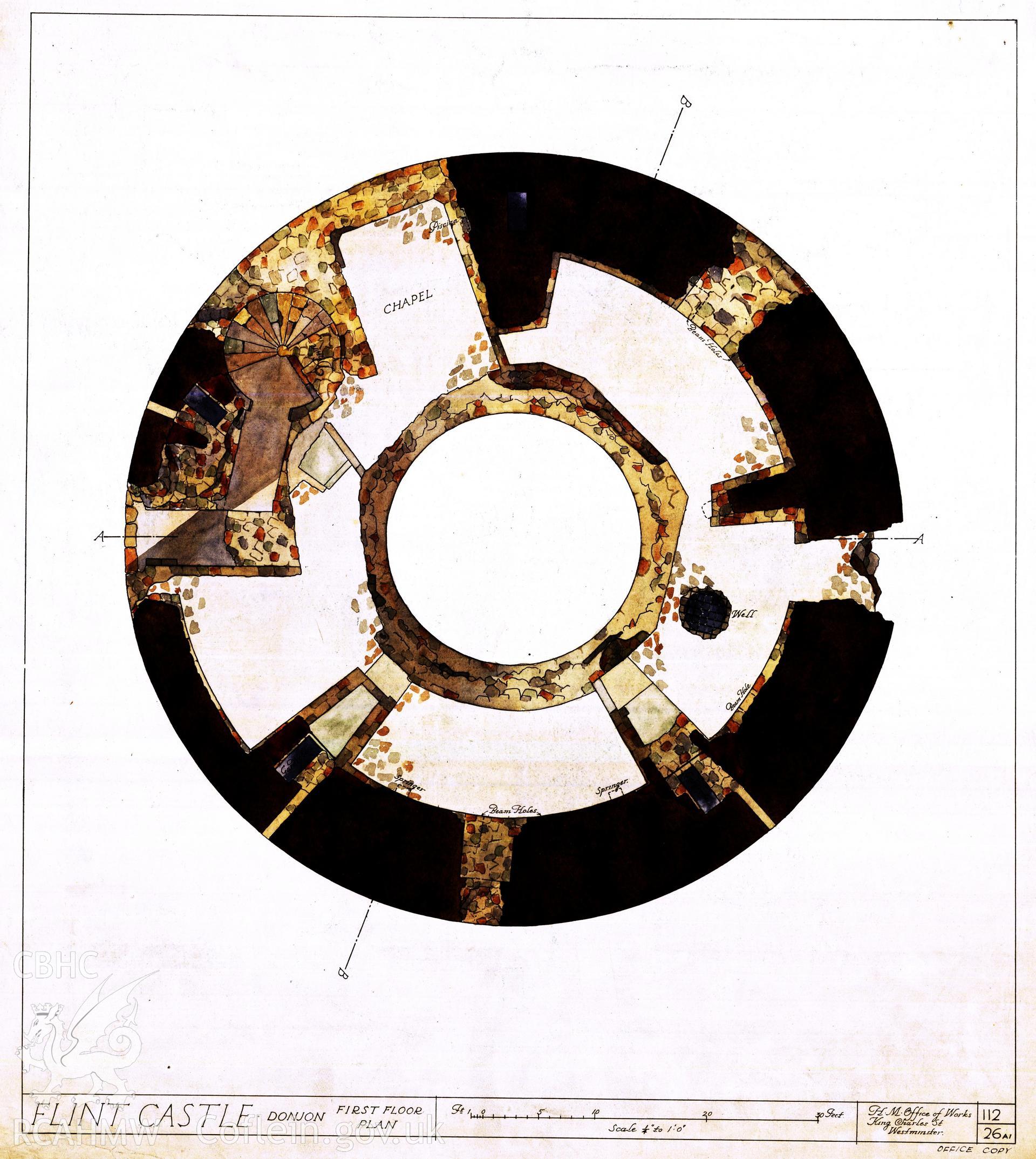 Cadw guardianship monument drawing of Flint Castle. Round keep (SE) u plan (tinted). Cadw Ref. No:112/26A1. Scale 1:48.