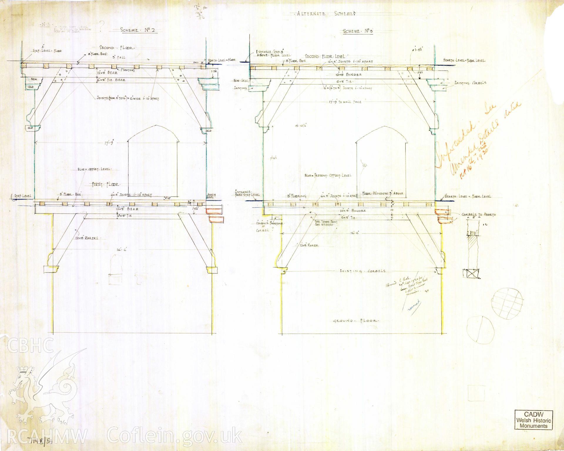 Digital copy of Cadw guardianship monument drawing of Caerphilly Castle. NW tower, u+top floor sections. Cadw ref. no: 714B/54. Scale 1:[24].  Original drawing withdrawn and returned to Cadw at their request.