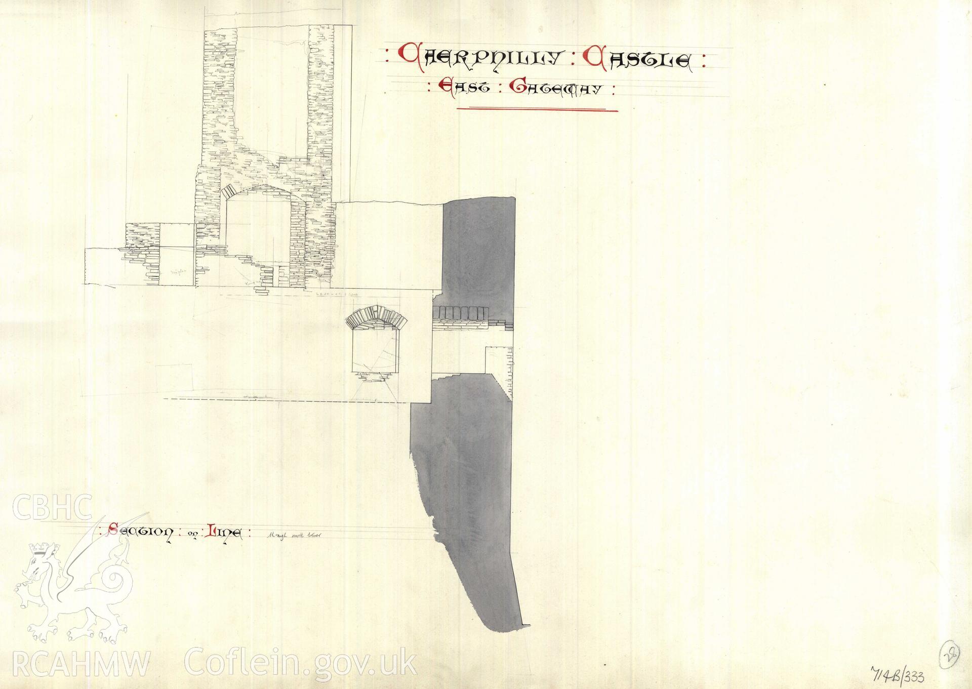 Cadw guardianship monument drawing of Caerphilly Castle. Mid E gate, N bastion section. Cadw Ref. No:714B/333. Scale 1:24.