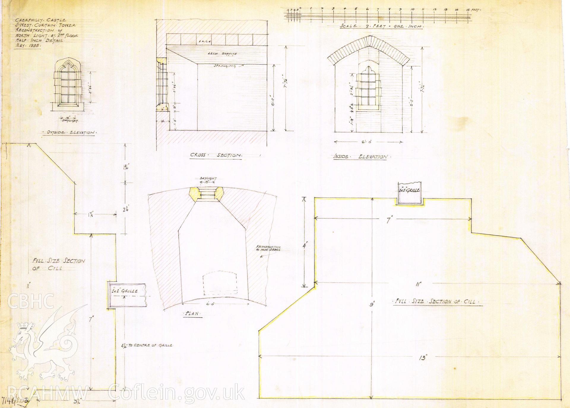 Cadw guardianship monument drawing of Caerphilly Castle. SW tower, top floor window. Cadw Ref. No:714B/203. Scale 1:24+1.