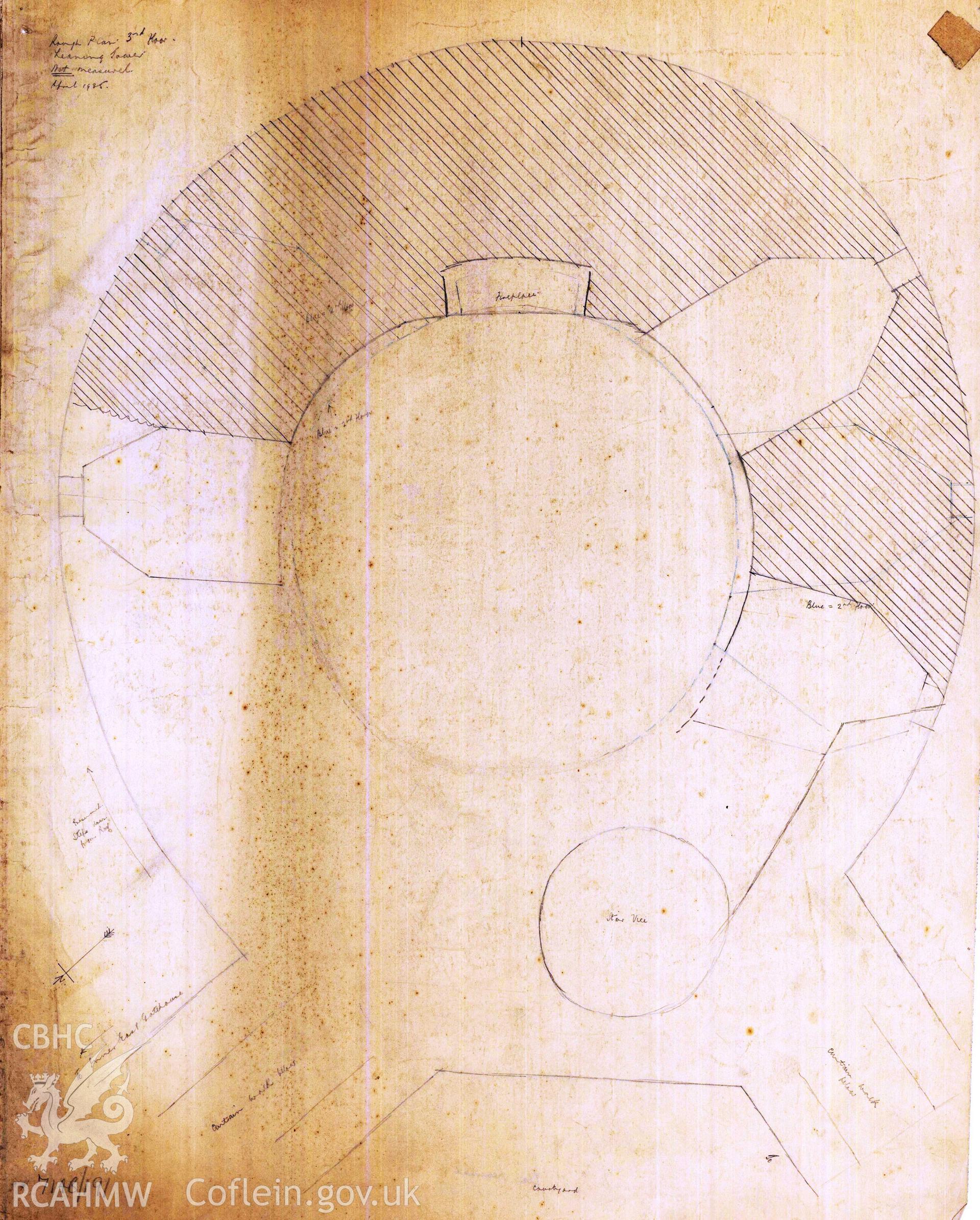 Cadw guardianship monument drawing of Caerphilly Castle. SE (leaning) tower, 4th storey plan. Cadw Ref. No:714B/191. No scale.