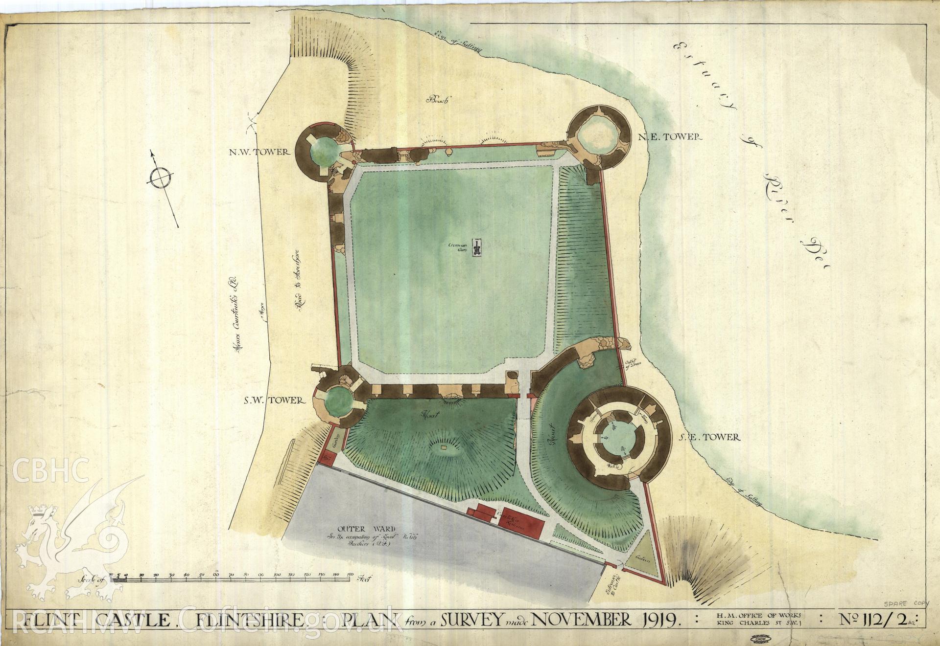 Cadw guardianship monument drawing of Flint Castle. General plan, (tinted). Cadw Ref. No:112/2A2. Scale 1:192.