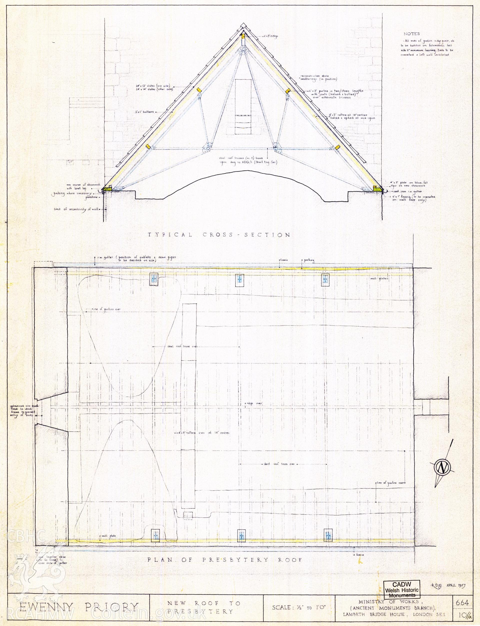 Cadw guardianship monument drawing of Ewenny Priory. New roof to Presbytery. Cadw Ref. No:664/10//a. Scale 1:24.