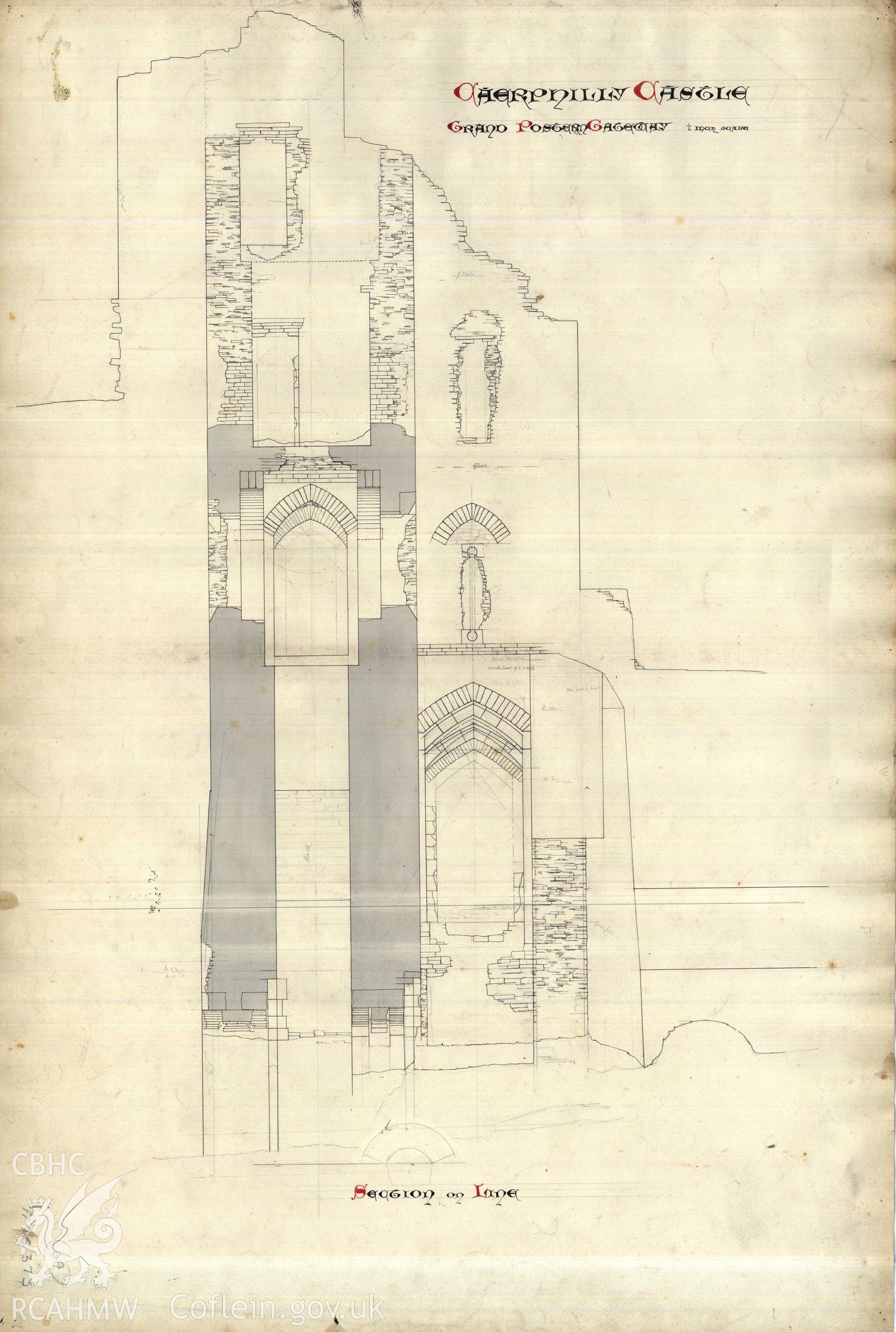 Cadw guardianship monument drawing of Caerphilly Castle. Outer E gate, NW pt, section to S. Cadw Ref. No:714B/373. Scale 1:24.