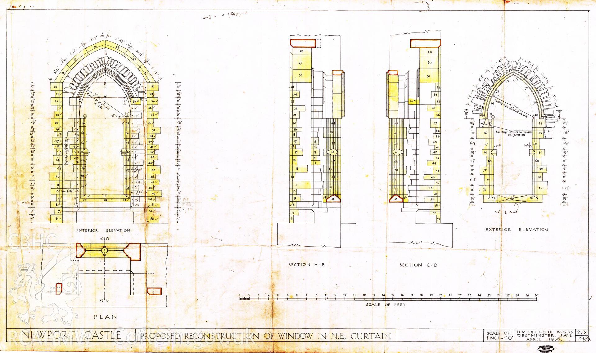Cadw guardianship monument drawing of Newport Castle. E range N, proposed window recons. Cadw Ref. No:278/23//a. Scale 1:24.