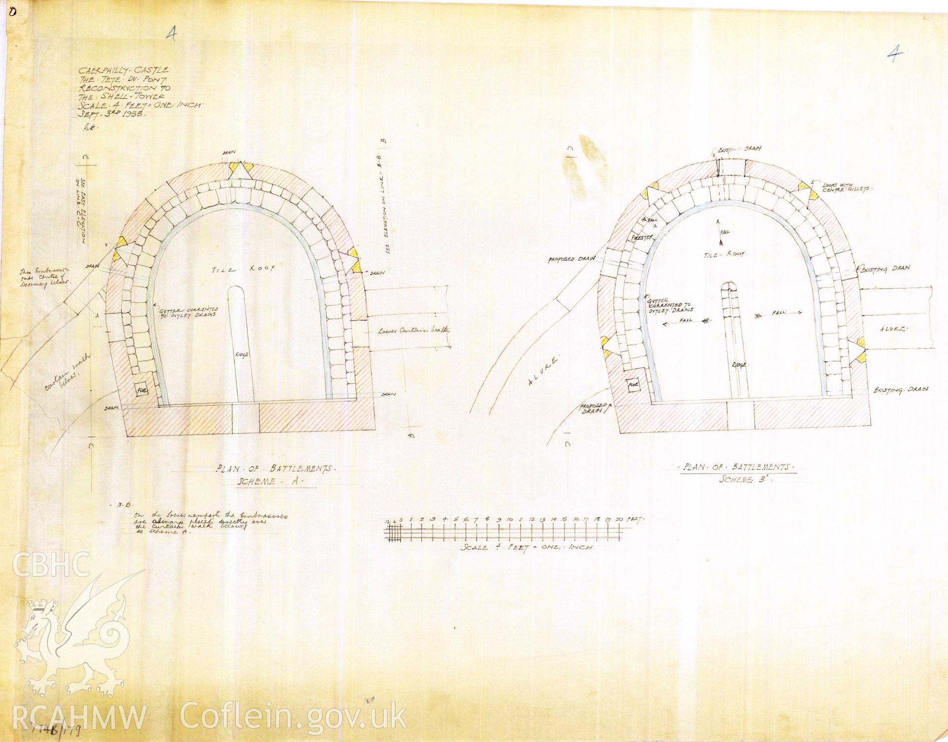 Cadw guardianship monument drawing of Caerphilly Castle. Dam S tower, battlement  plans,. Cadw Ref. No:714B/179. Scale 1:48.