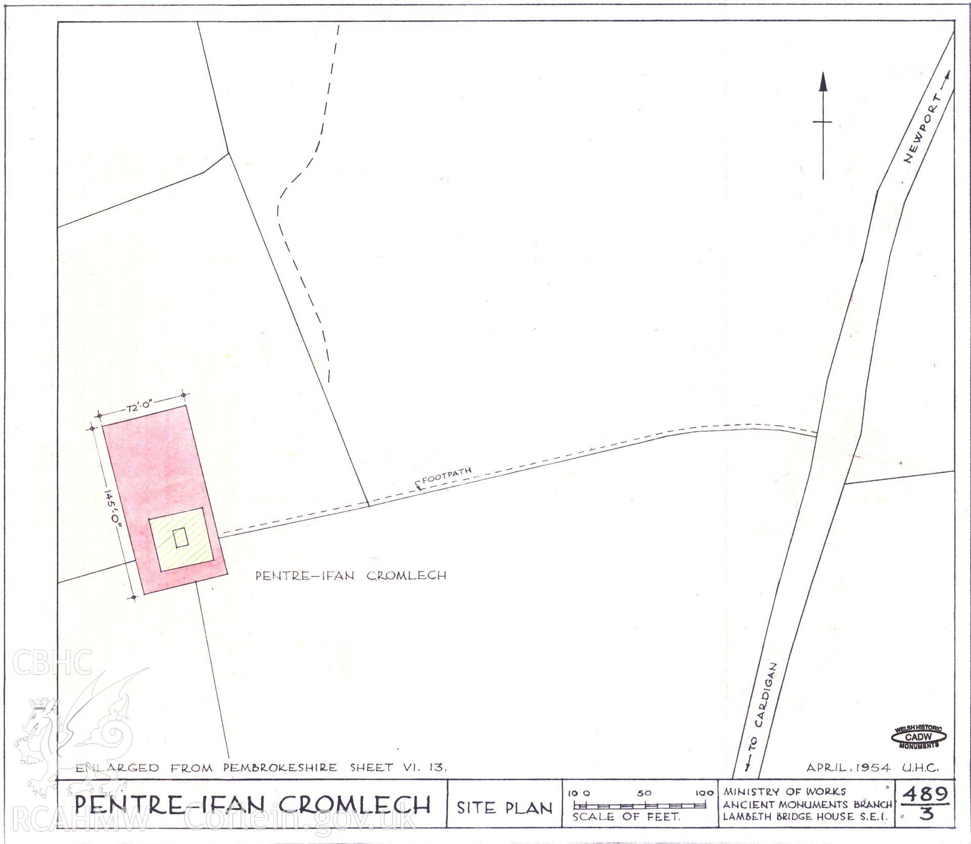 Cadw guardianship monument drawing of Pentre Ifan BC. Deed plan. Cadw Ref. No:489/3. Scale 1:625.