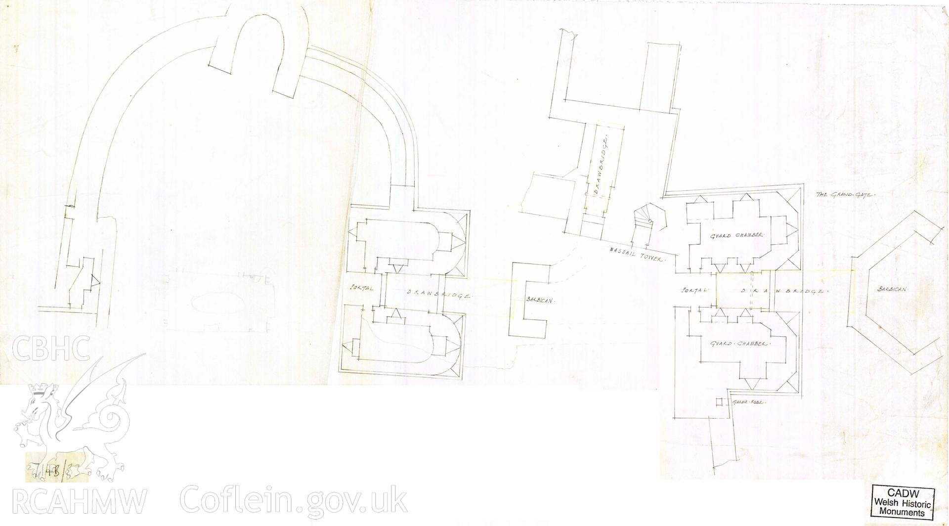 Cadw guardianship monument drawing of Caerphilly Castle. Outer E gate, E + S gates, plans. Cadw ref. no: 714B/33. Scale 1:[48].