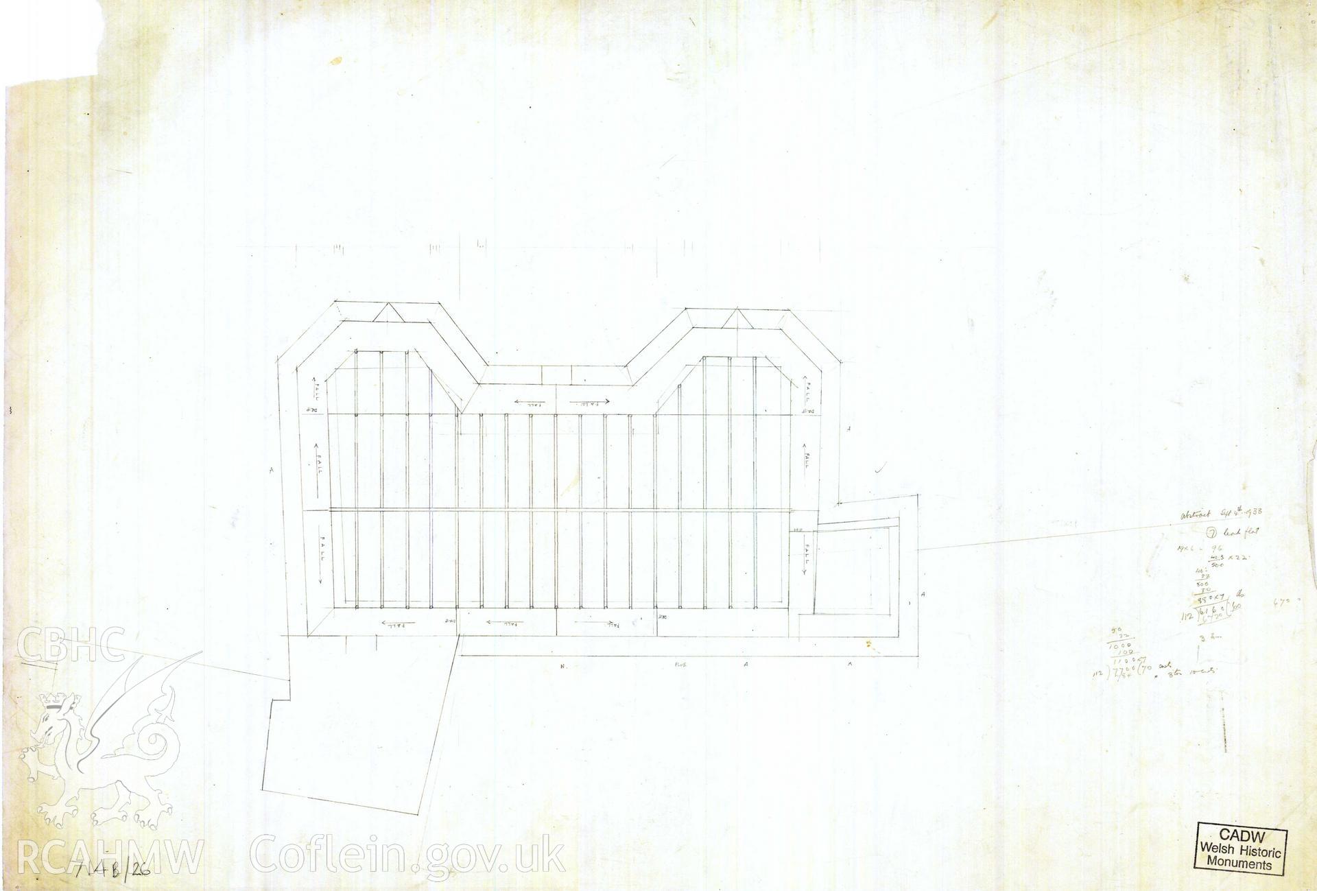 Cadw guardianship monument drawing of Caerphilly Castle. Outer E gate, roof leadwork. Cadw ref. no: 714B/26. Scale 1:48.