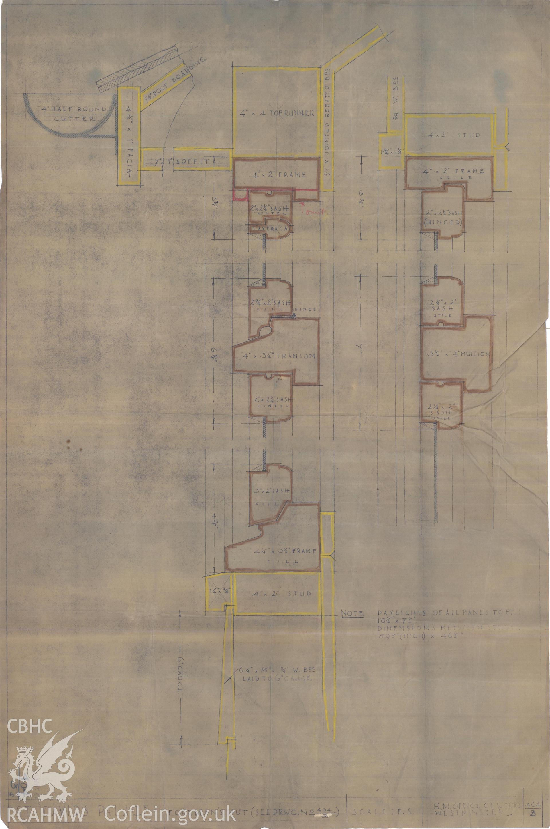 Cadw guardianship monument drawing of St David's Bishop's Palace. Foreman's house window section. Cadw Ref. No.: 404/3. Scale 1:1.