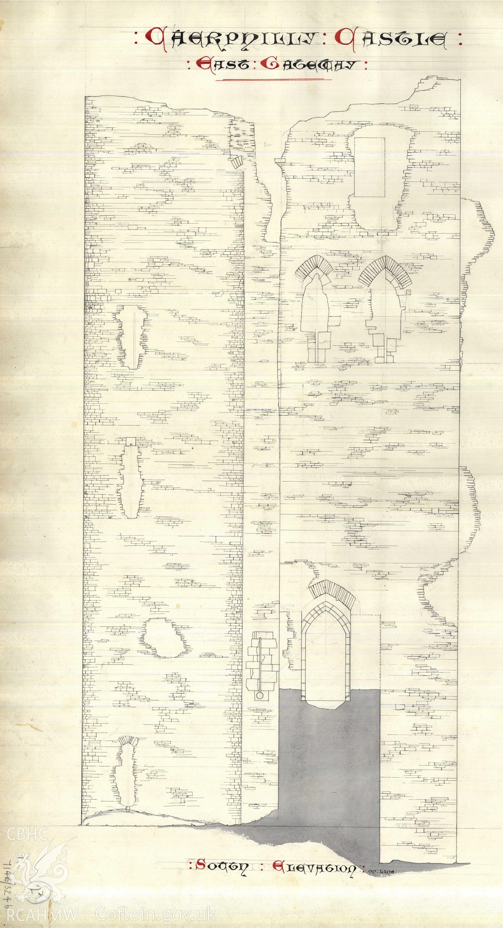 Cadw guardianship monument drawing of Caerphilly Castle. South elevations, East gateway. Cadw Ref. No. 714B/324b. No scale.