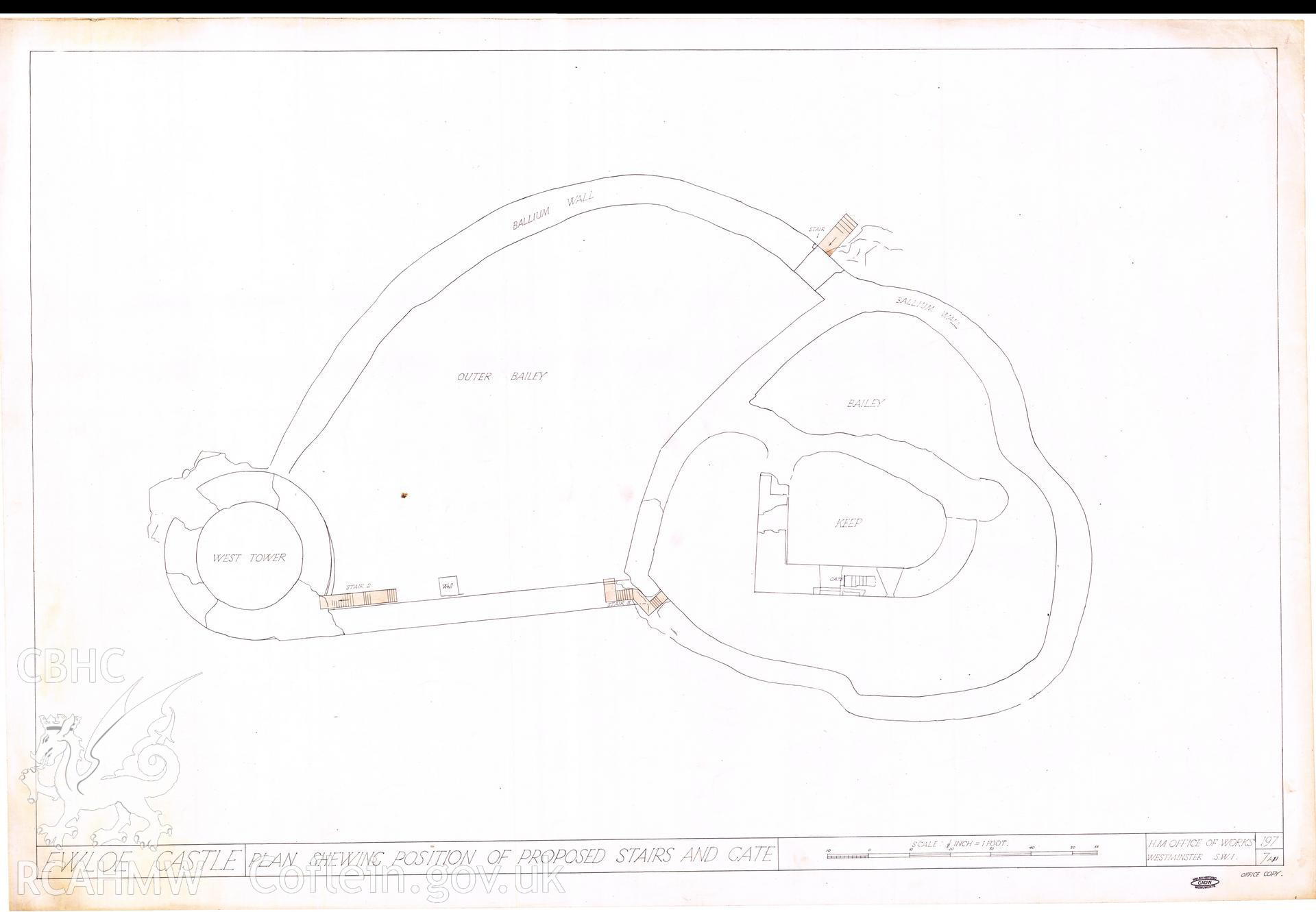 Cadw guardianship monument drawing of Ewloe Castle. Proposed stairs (3) + grille. Cadw Ref. No:197/7A1. Scale 1:96.
