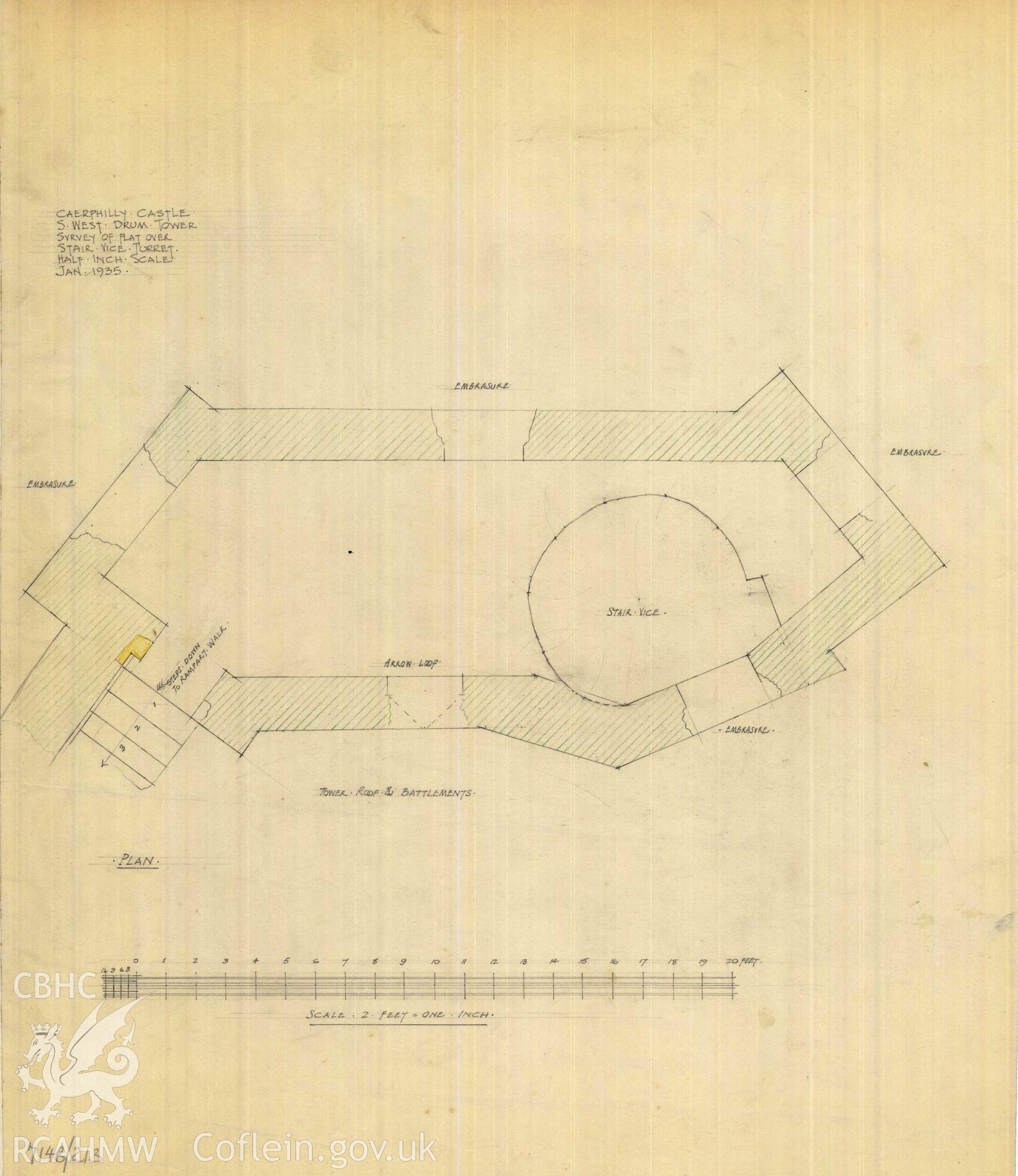 Cadw guardianship monument drawing of Caerphilly Castle. SW tower, head of stairs. Cadw Ref. No:714B/213. Scale 1:24.