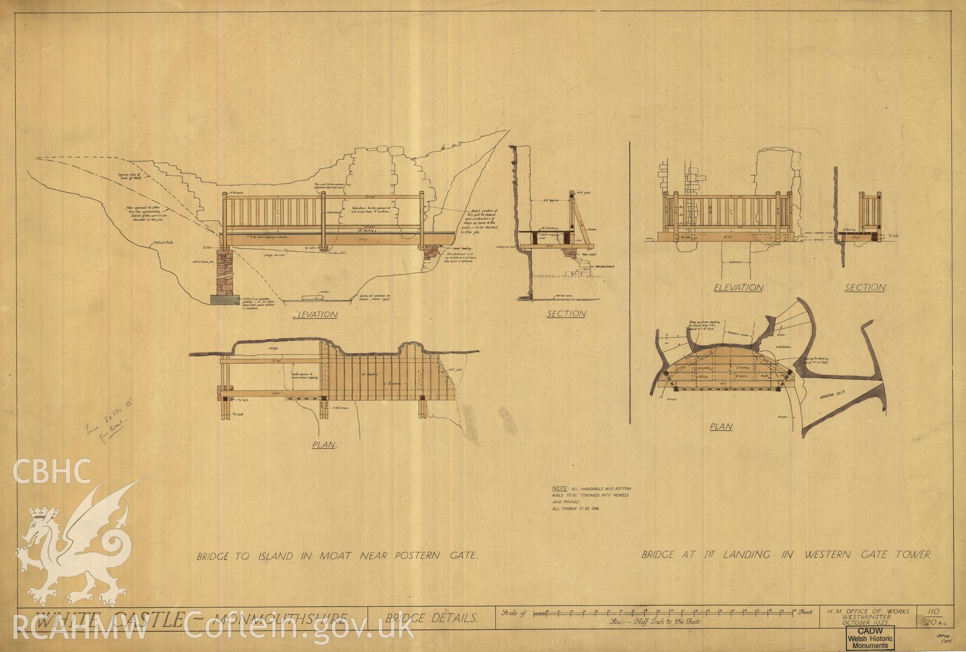 Cadw guardianship monument drawing of White Castle. Inner gate lower bridge+moat bridge. Cadw Ref. No:110/20A1. Scale 1:24.