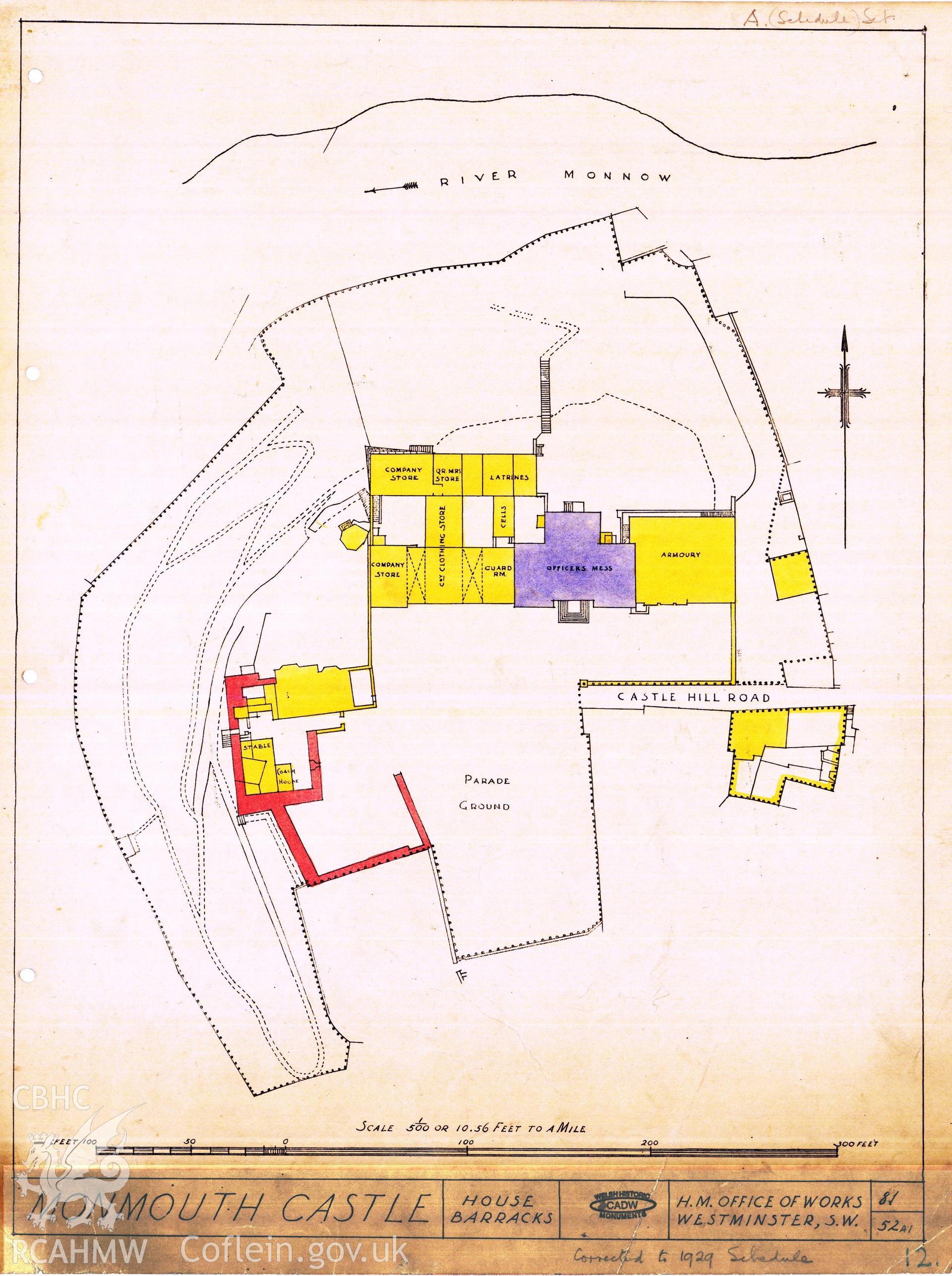 Cadw guardianship monument drawing of Monmouth Castle. Map showing House + Barracks. Cadw Ref. No:81/52A1. Scale 1:500.