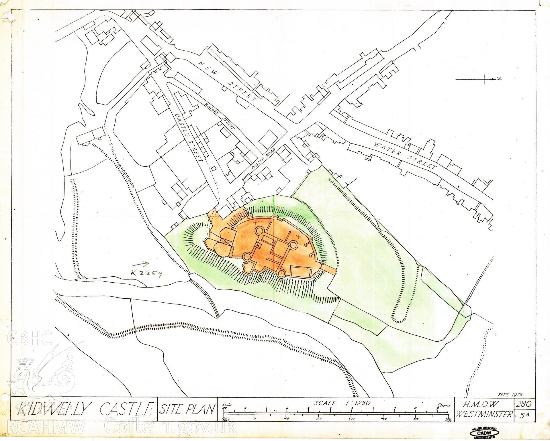 Cadw guardianship monument drawing of Kidwelly Castle. Castle + land to N+E. Cadw Ref. No:280/3A. Scale 1:1250.