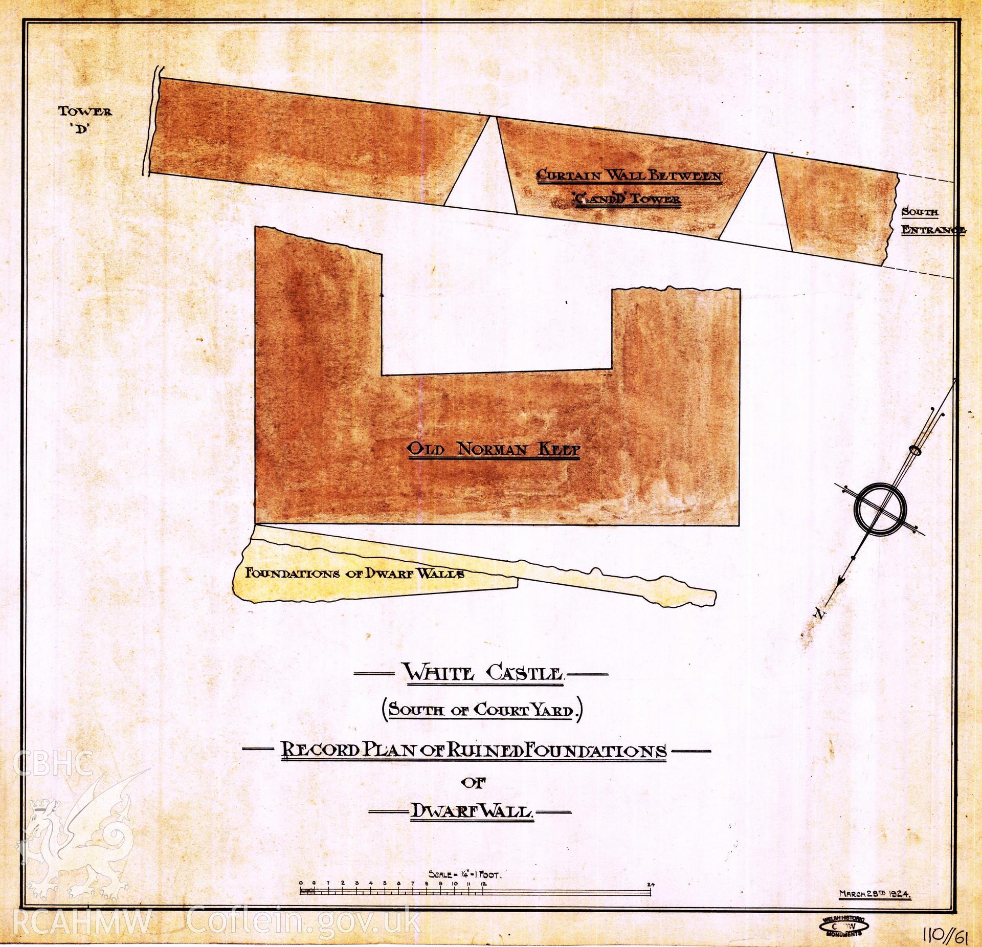 Cadw guardianship monument drawing of White Castle. Keep etc, plan. Cadw Ref. No:110//61. Scale 1:48.