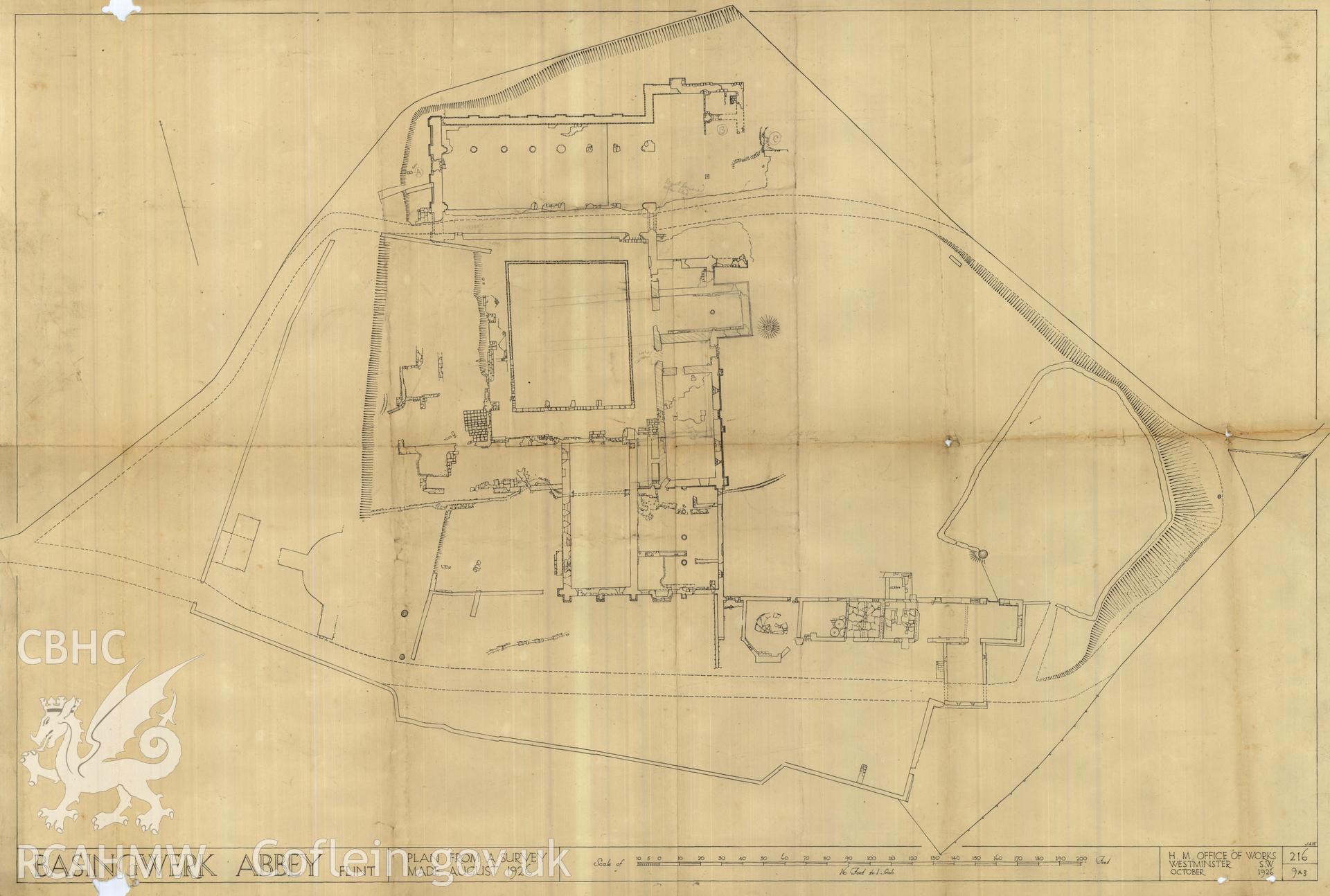 Cadw guardianship monument drawing of Basingwerk. Survey-plan. Cadw Ref. No:216/9A3. Scale 1:192.