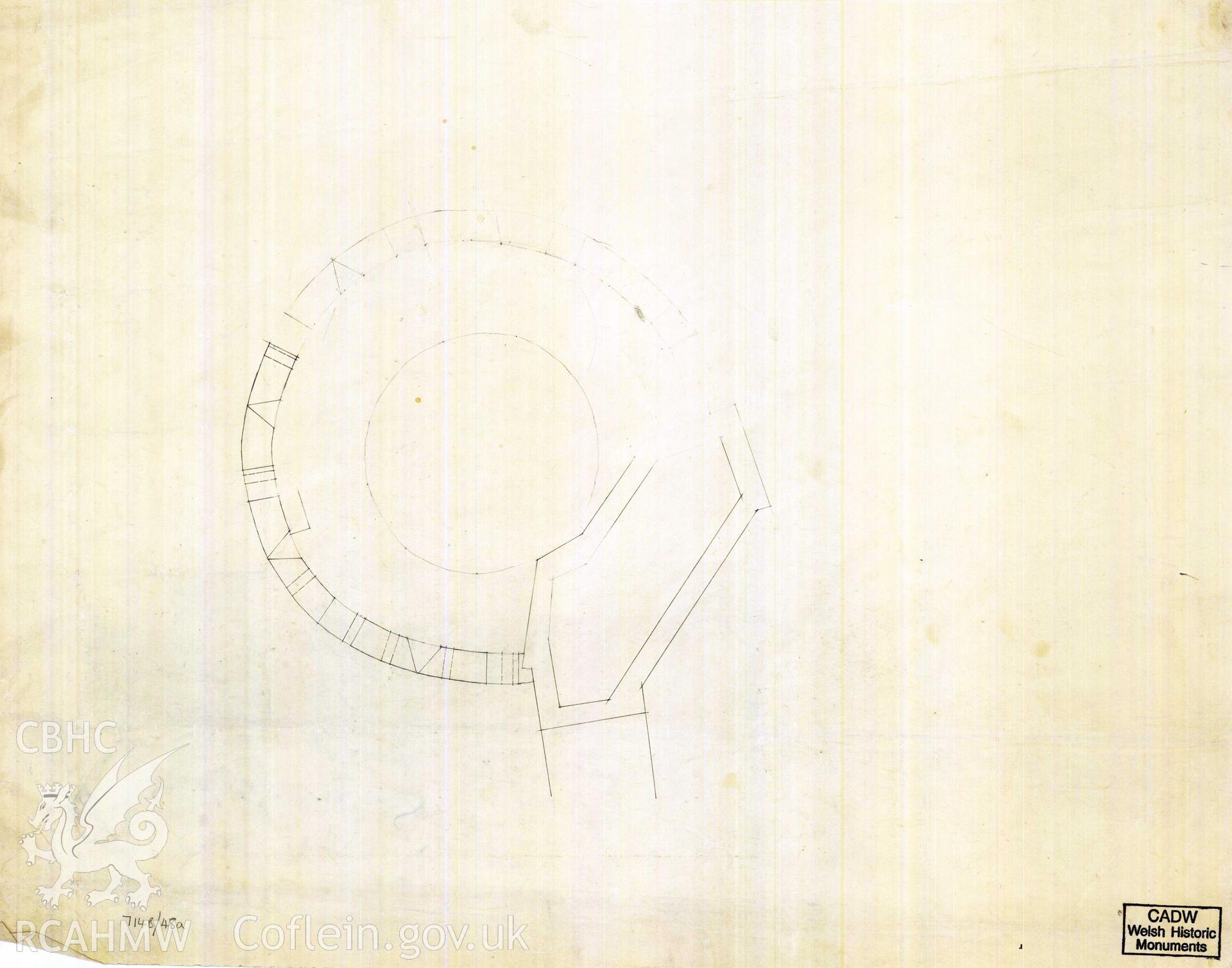 Cadw guardianship monument drawing of Caerphilly Castle. SW tower, parapet, plan. Cadw ref. no: 714B/48a. Scale 1:[48].