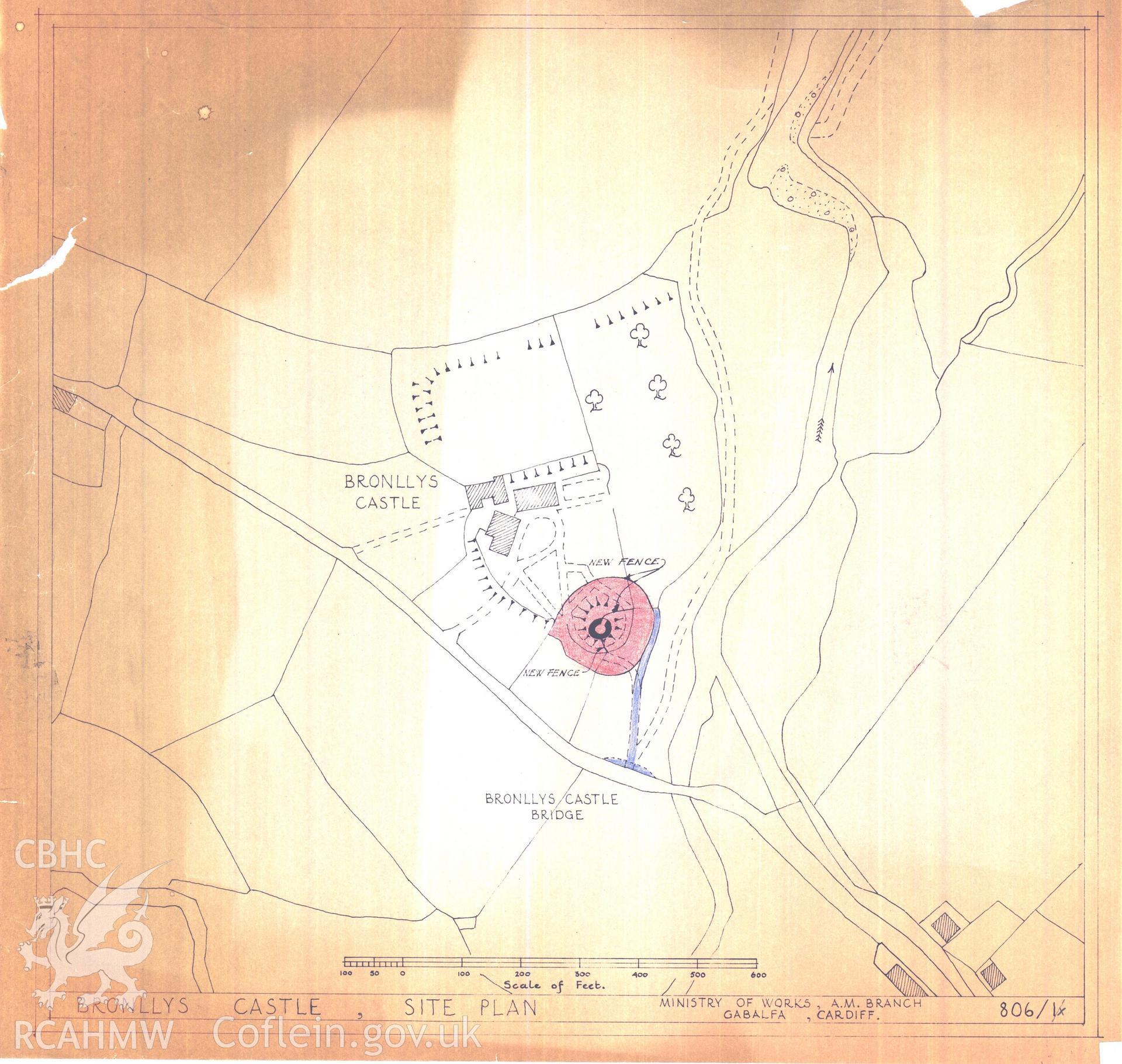 Cadw guardianship monument drawing of Bronllys Castle. Deed plan. Cadw Ref. No:806/1x. Scale 1:1250.