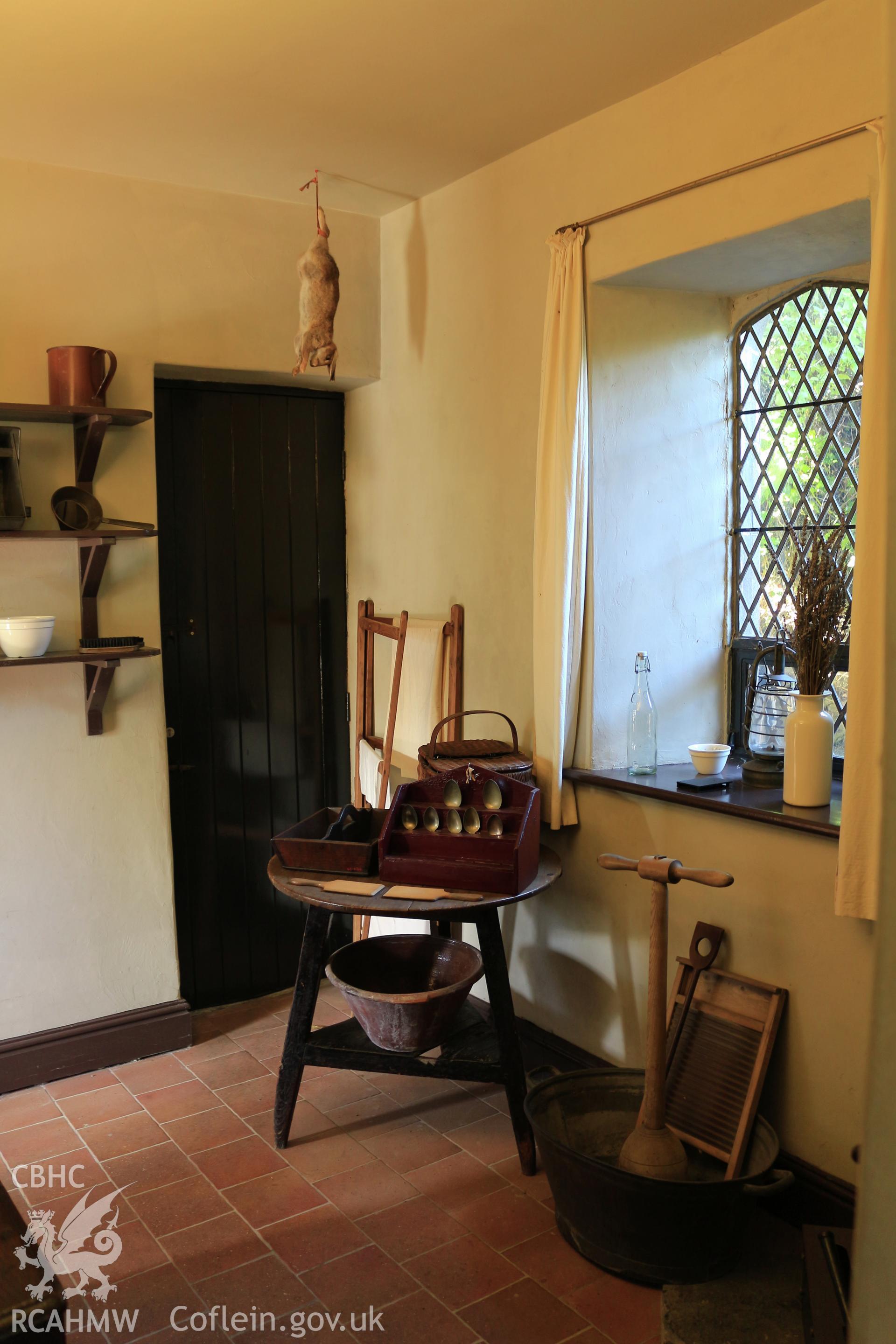 Investigator photographs of Conwy Suspension Bridge Keepers cottage. Interior: kitchen and door to storage room.