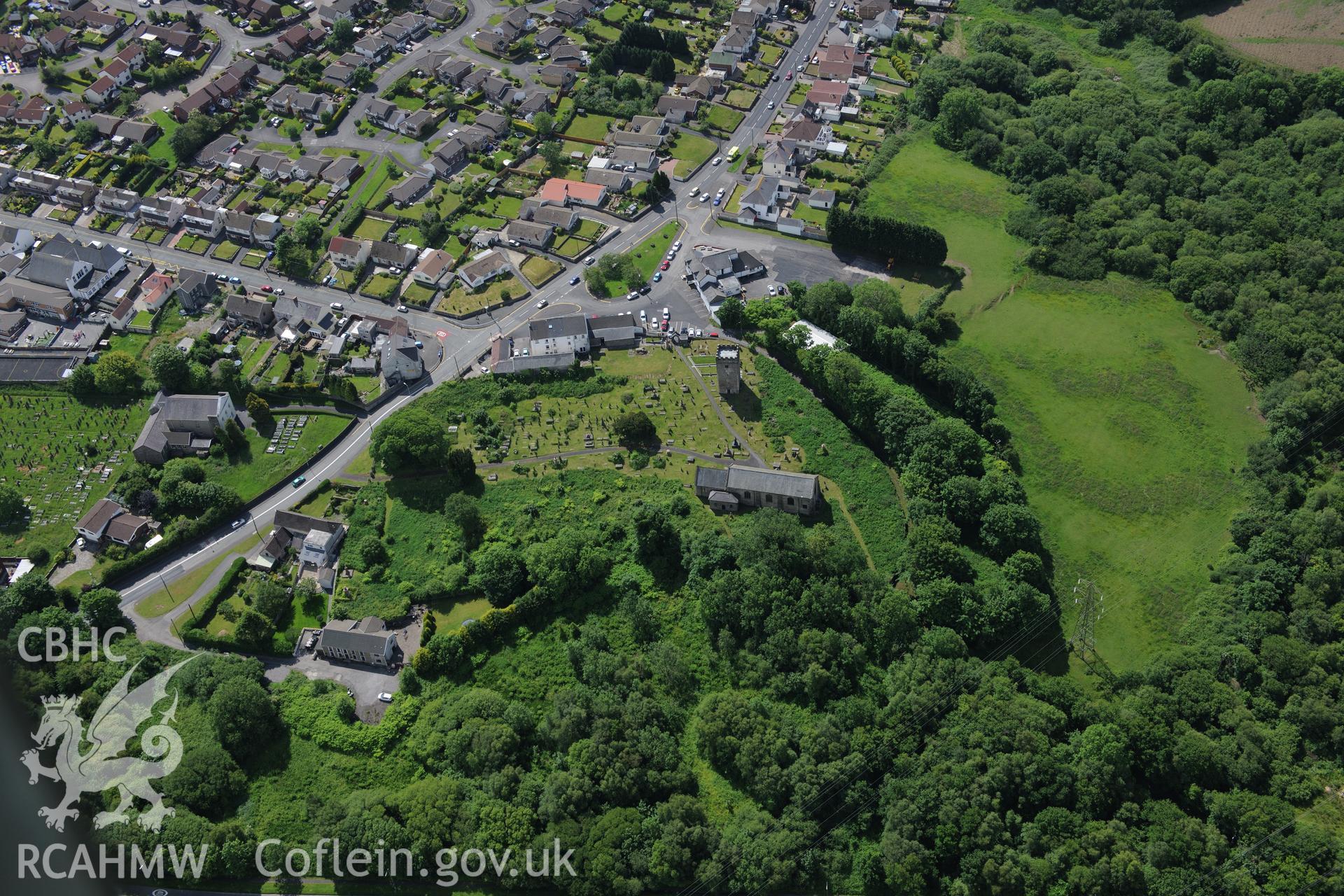 Bethel Methodist chapel, St. David and St. Cyfelach's church, and the church's tower (detached), Llangyfelach. Oblique aerial photograph taken during the Royal Commission's programme of archaeological aerial reconnaissance by Toby Driver on 19th June 2015.