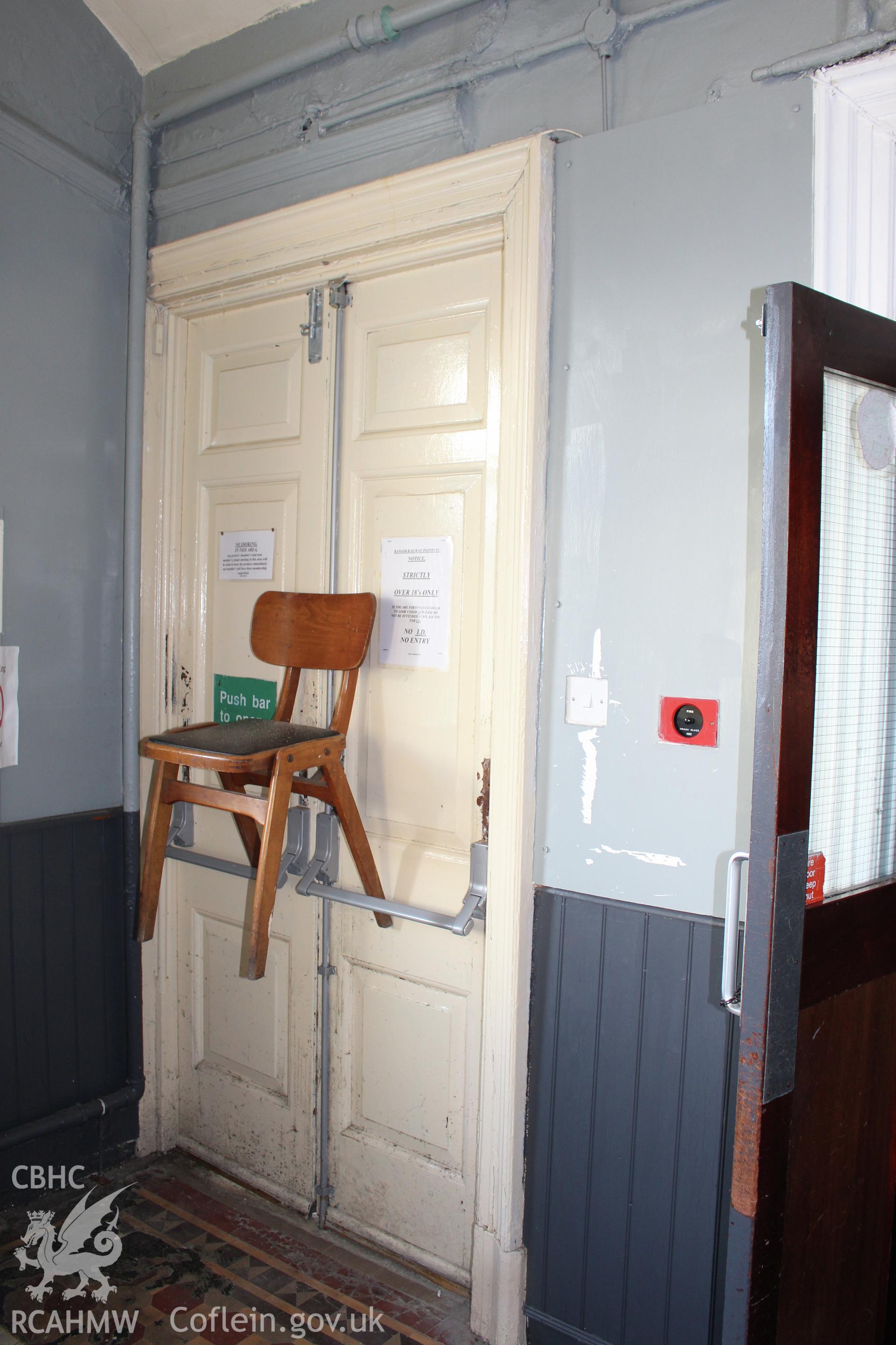 Interior view of fire exit at the Railway Institute, Bangor. Photographed during survey conducted by Sue Fielding for the RCAHMW on 4th April 2016.
