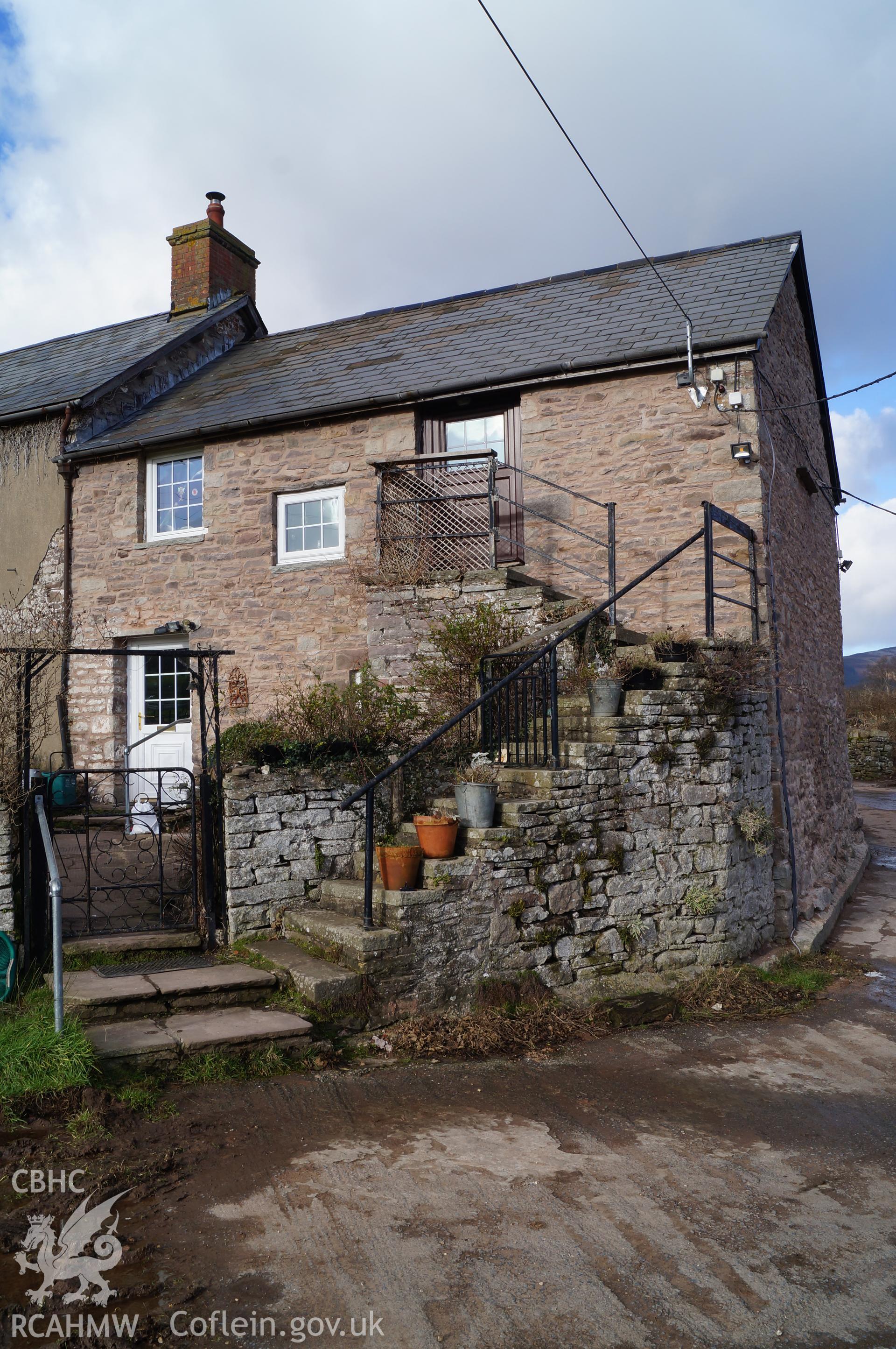 View 'looking north at the southeastern end of Gwrlodau farmhouse' on Gwrlodau Farm, Llanbedr, Crickhowell. Photograph and description by Jenny Hall and Paul Sambrook of Trysor, 9th February 2018.