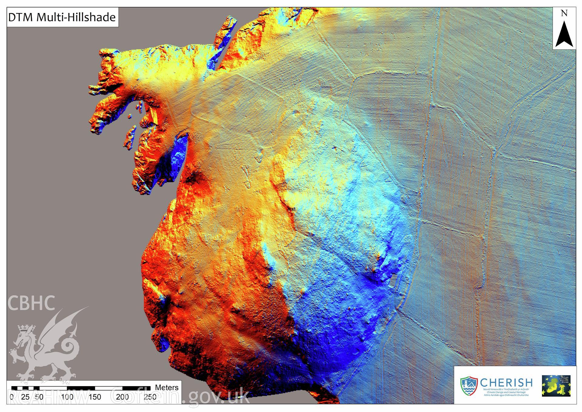 Ramsey Island. Airborne laser scanning (LiDAR) commissioned by the CHERISH Project 2017-2021, flown by Bluesky International LTD at low tide on 24th February 2017. View showing Digital Terrain Model (DTM) of Carn Ysgubor field systems with multi-hill shading.