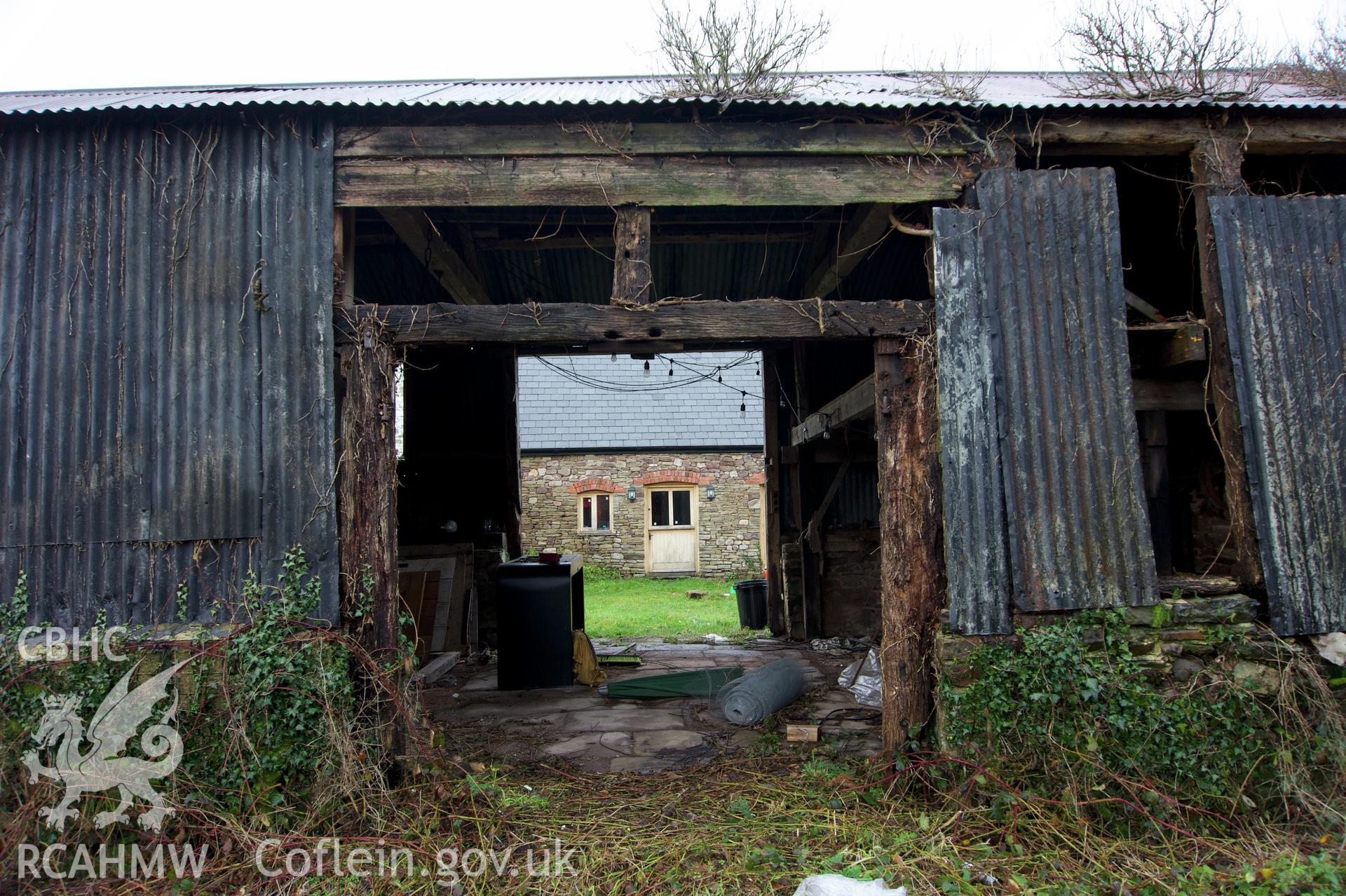 Main south doorway of Middle Ton Threshing Barn. Photographed for the Historic Building Photographic Record of Middle Ton Threshing Barn, Llanvapley, by Dan Courtney of Cog Architects, 2019.