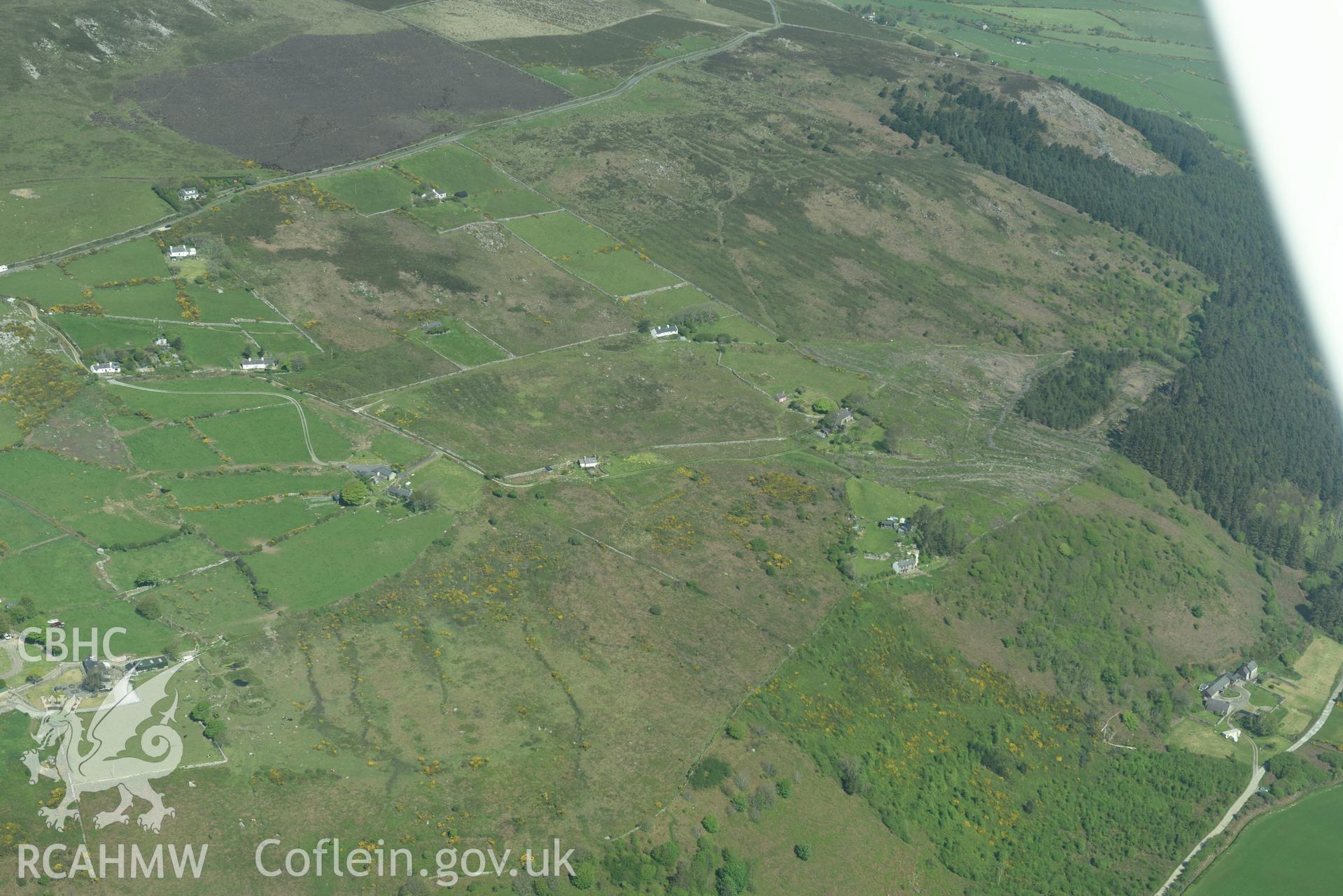Aerial photography of Rhiw burial chamber taken on 3rd May 2017.  Baseline aerial reconnaissance survey for the CHERISH Project. ? Crown: CHERISH PROJECT 2017. Produced with EU funds through the Ireland Wales Co-operation Programme 2014-2020. All materia