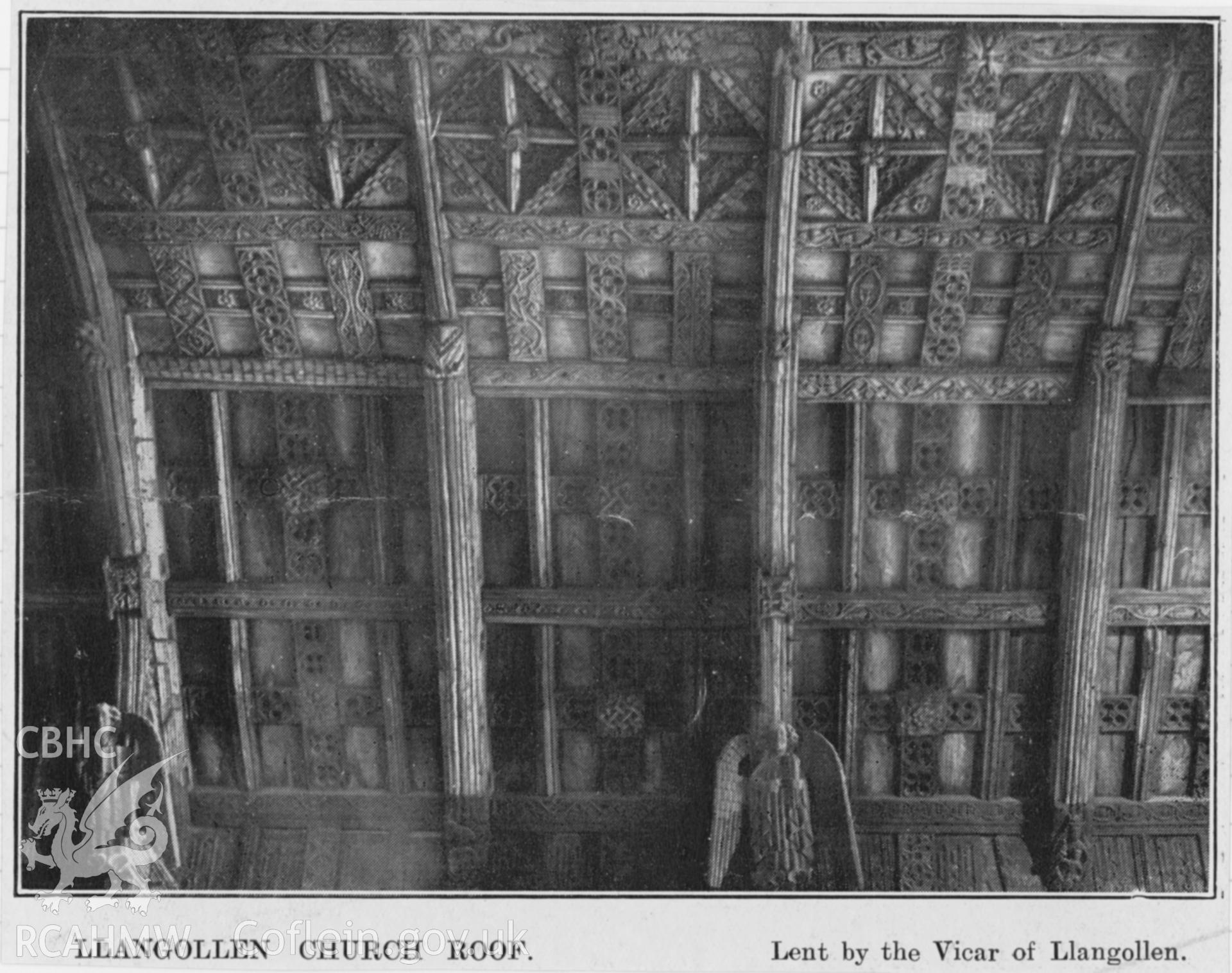 Digitised copy of a black and white print from an unknown source showing the roof at St Collen's Church, Llangollen.