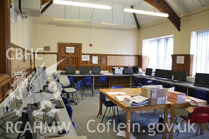 Digital colour photograph of the Information Technology room at Aberdare Girls Upper Comprehensive School, dated 2014. Included in material associated with a building recording conducted by Archaeology Wales, February 2018.