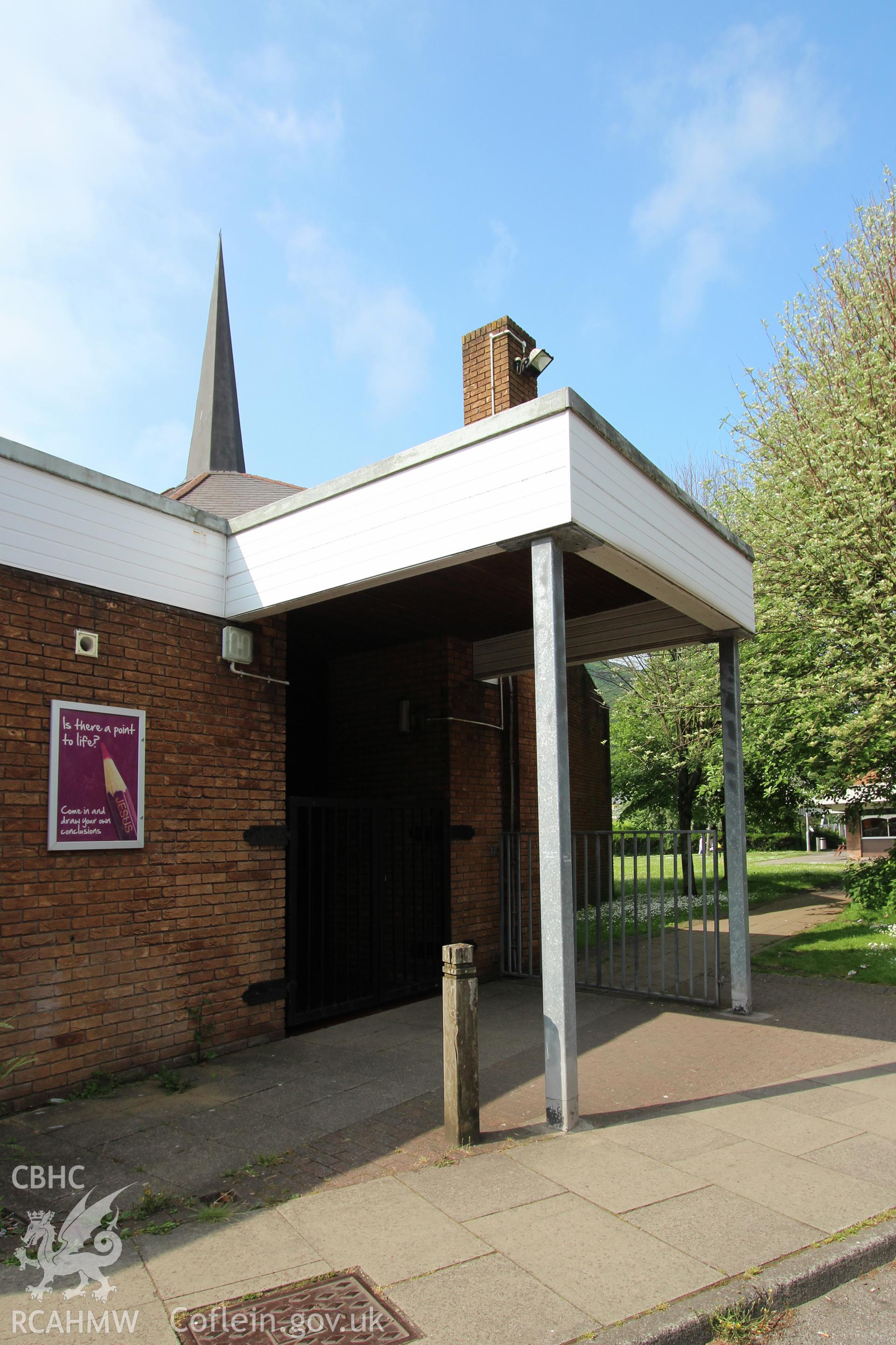 Colour photograph showing exterior view of the entrance to the Riverside chapel, Port Talbot. Photographed during survey conducted by Geoff Ward on 5th July 2016.