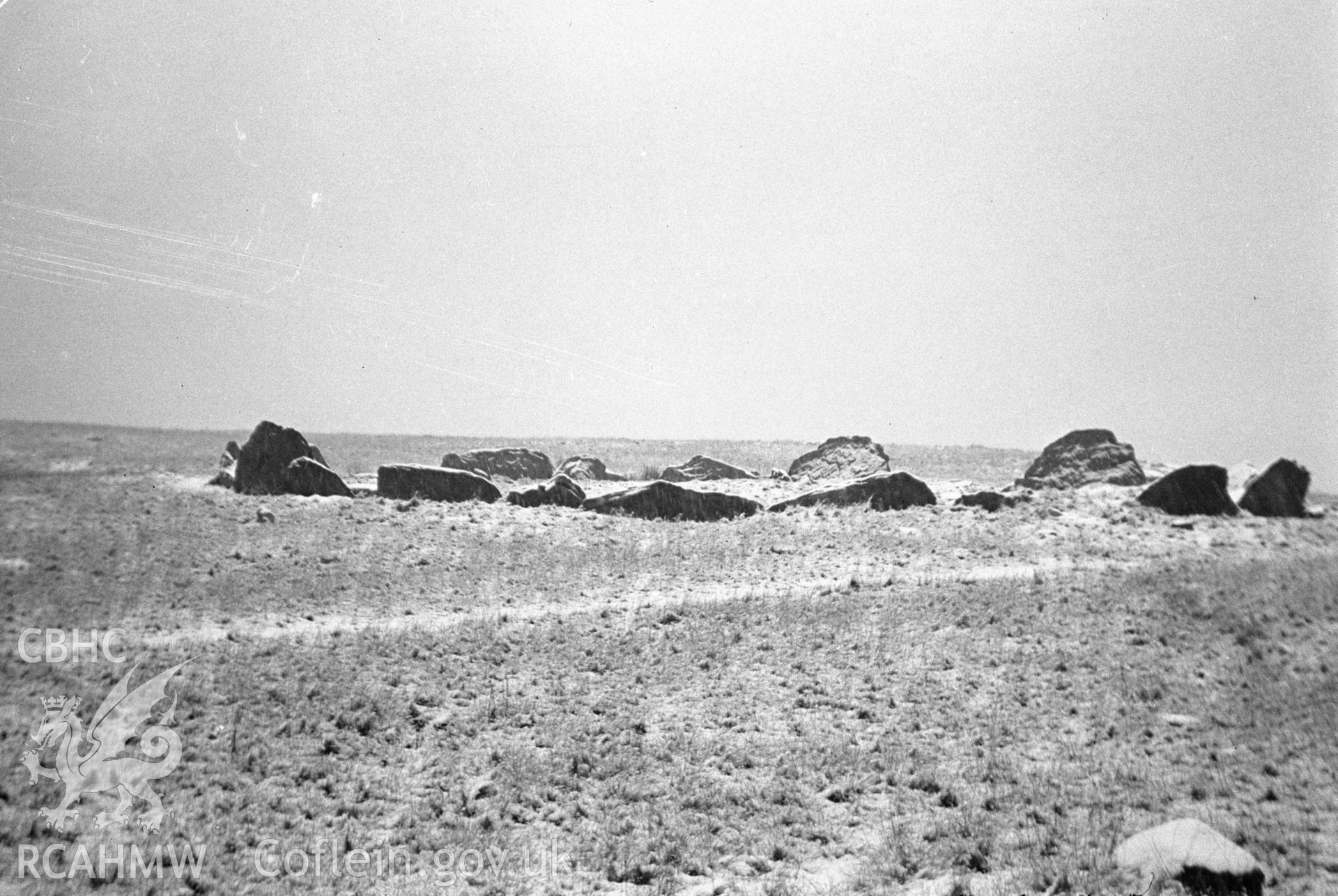 Digital copy of a nitrate negative showing view of Carn Flechart Stone Circle and Chambered Barrow.