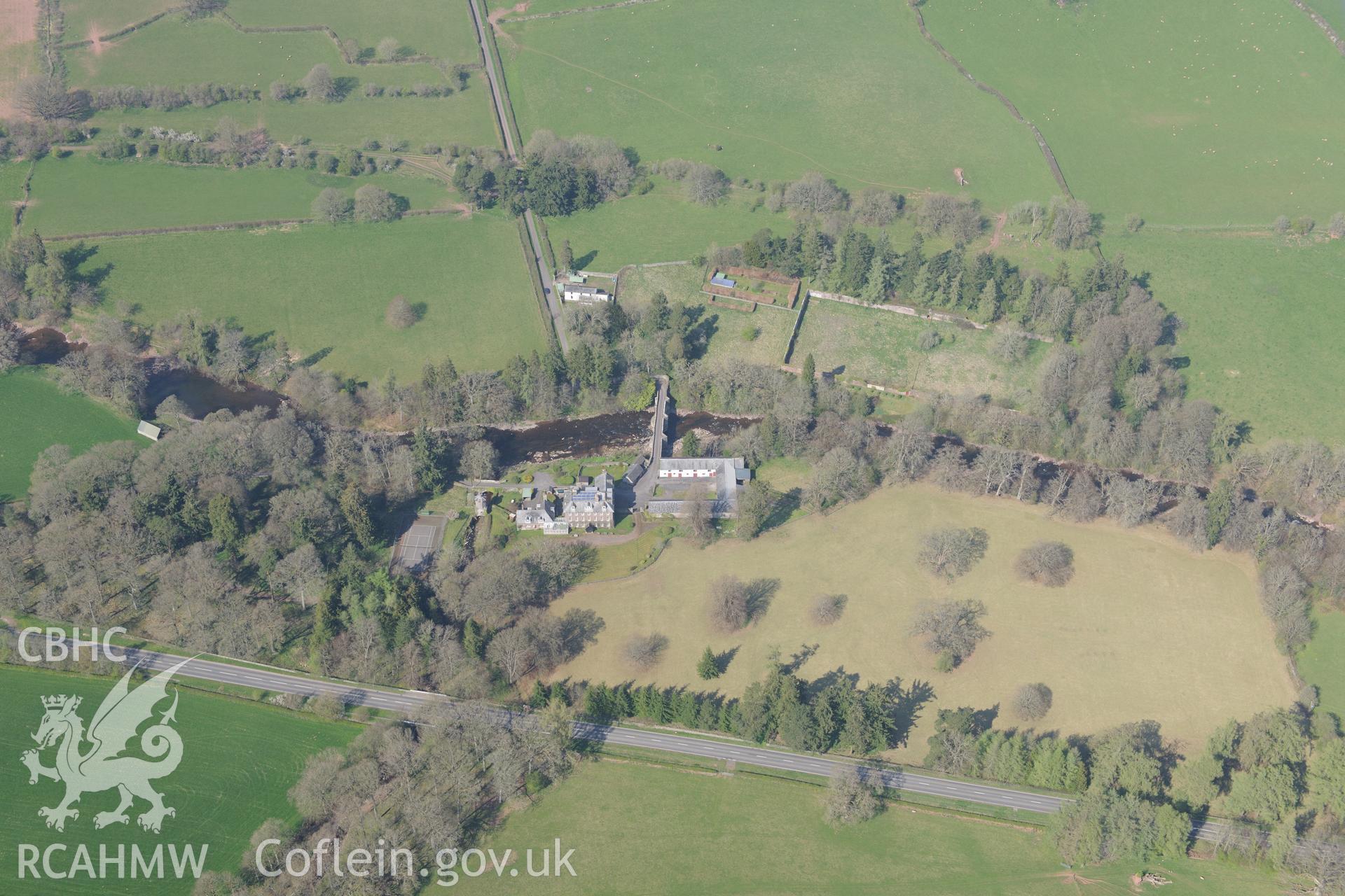 Abercamlais Mansion, Garden, Pigeon House and Bridge. Oblique aerial photograph taken during the Royal Commission's programme of archaeological aerial reconnaissance by Toby Driver on 21st April 2015