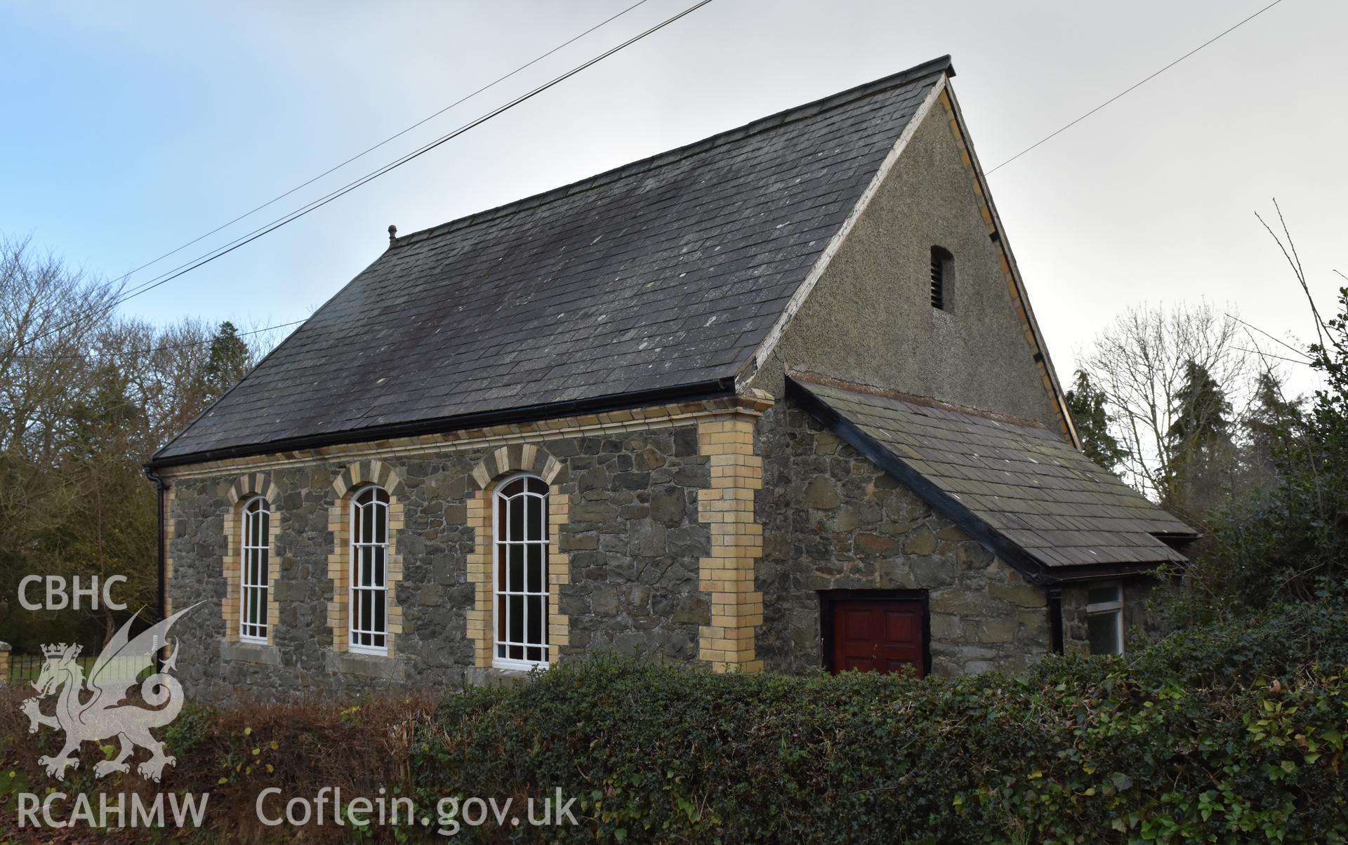 View from the south showing exterior side elevation of Hyssington Primitive Methodist Chapel, Hyssington, Churchstoke. Photographic survey conducted by Sue Fielding on 7th December 2018.