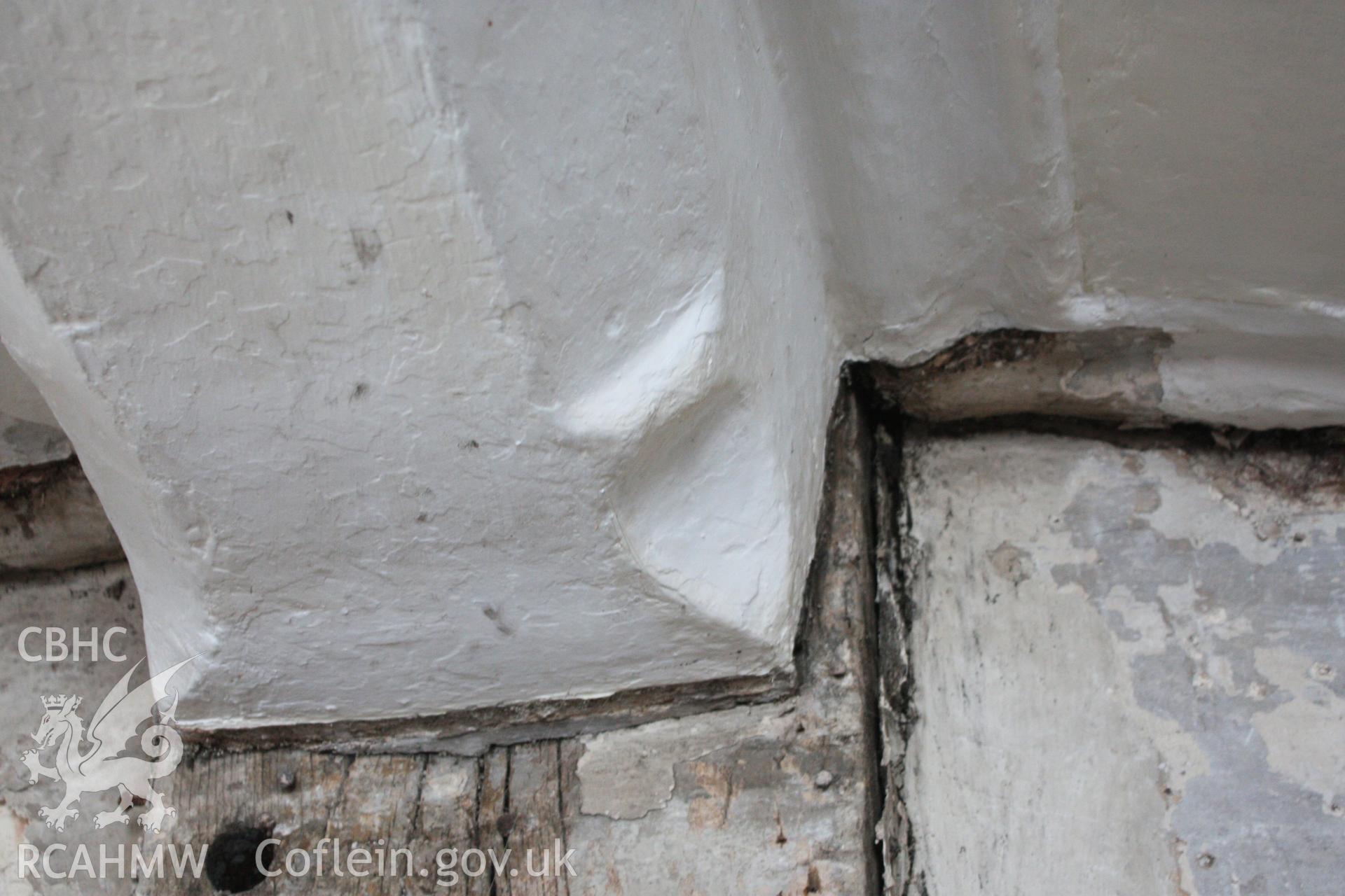 Colour photograph showing detail of plastered ceiling at Porth-y-Dwr, 67 Clwyd Street, Ruthin. Photographed during survey conducted by Geoff Ward on 10th June 2013.