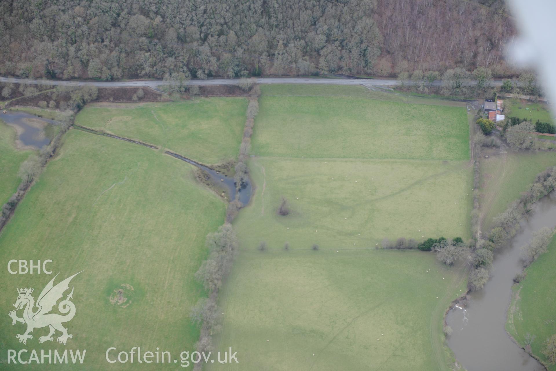 Stradmore enclosure or possible motte, Cenarth, near Cardigan. Oblique aerial photograph taken during the Royal Commission's programme of archaeological aerial reconnaissance by Toby Driver on 13th March 2015.