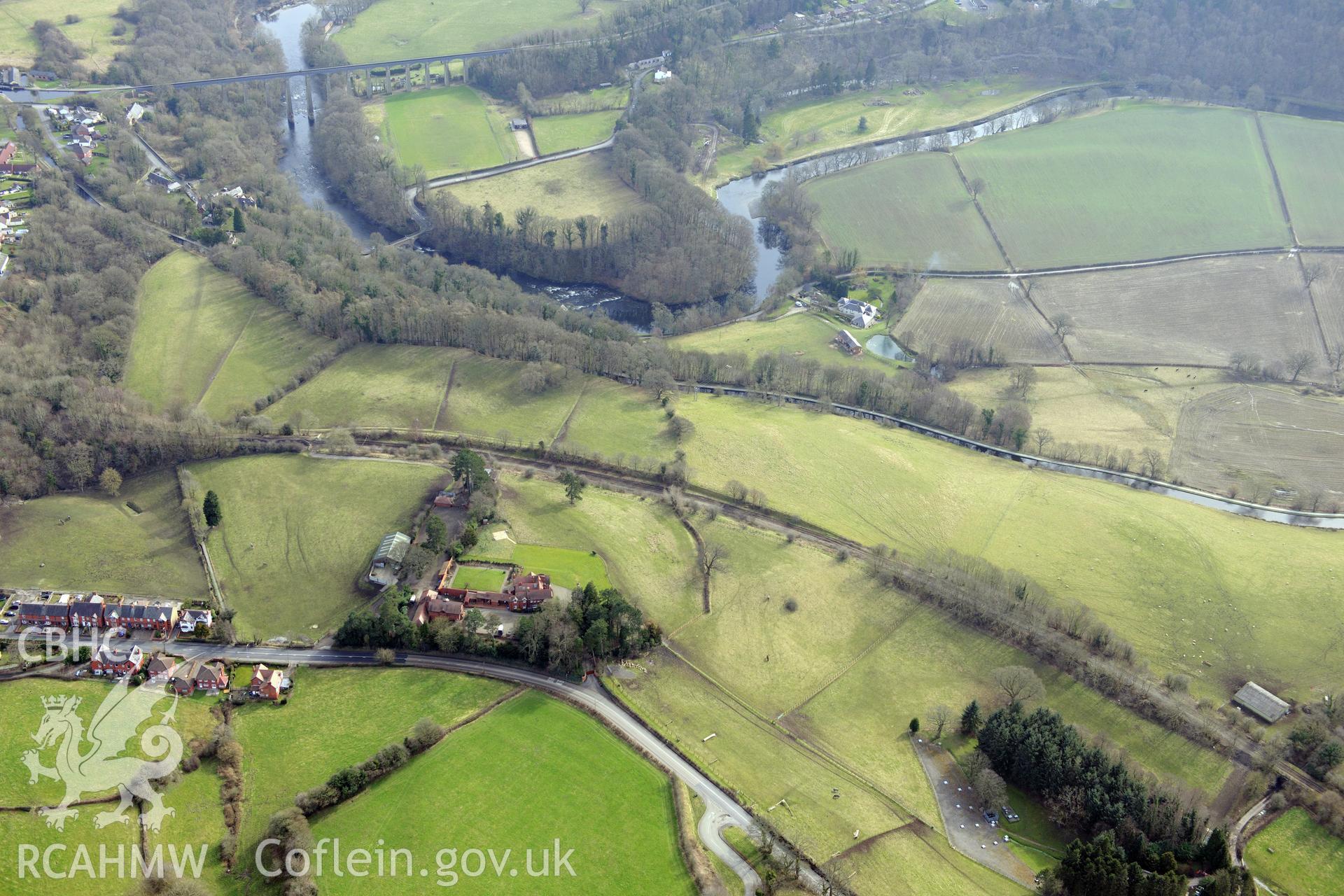 Llangollen Canal, Pontcysyllte Aqueduct and Bryn-Oerog garden, Llangollen. Oblique aerial photograph taken during the Royal Commission?s programme of archaeological aerial reconnaissance by Toby Driver on 28th February 2013.