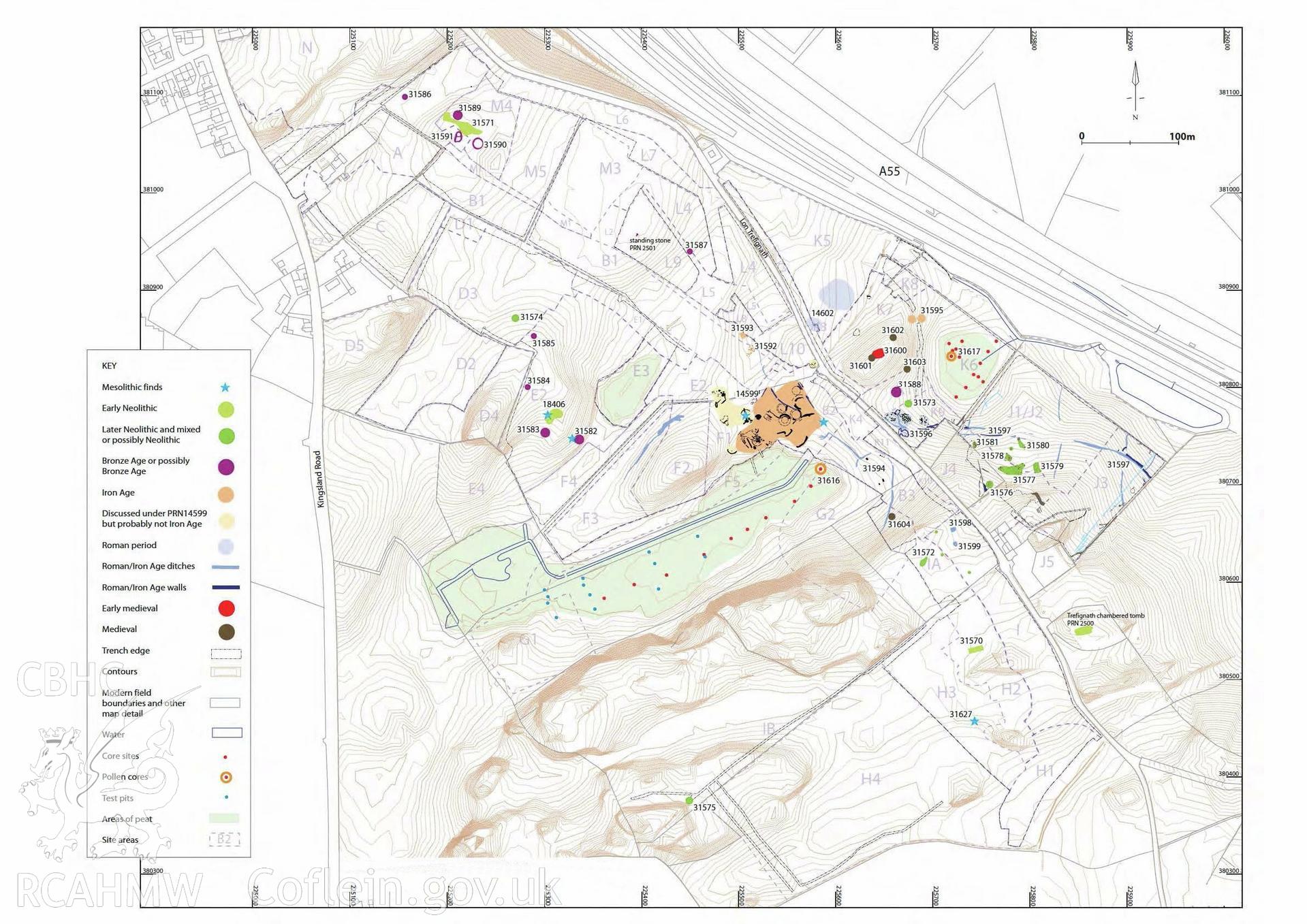 Location plan of prehistoric, Roman and medieval sites at Parc Cybi Enterprise Zone, Holyhead, Anglesey. Included in material used as part of Archaeology Wales' heritage impact assessment of the site, conducted in 2017. Project number: P2522.