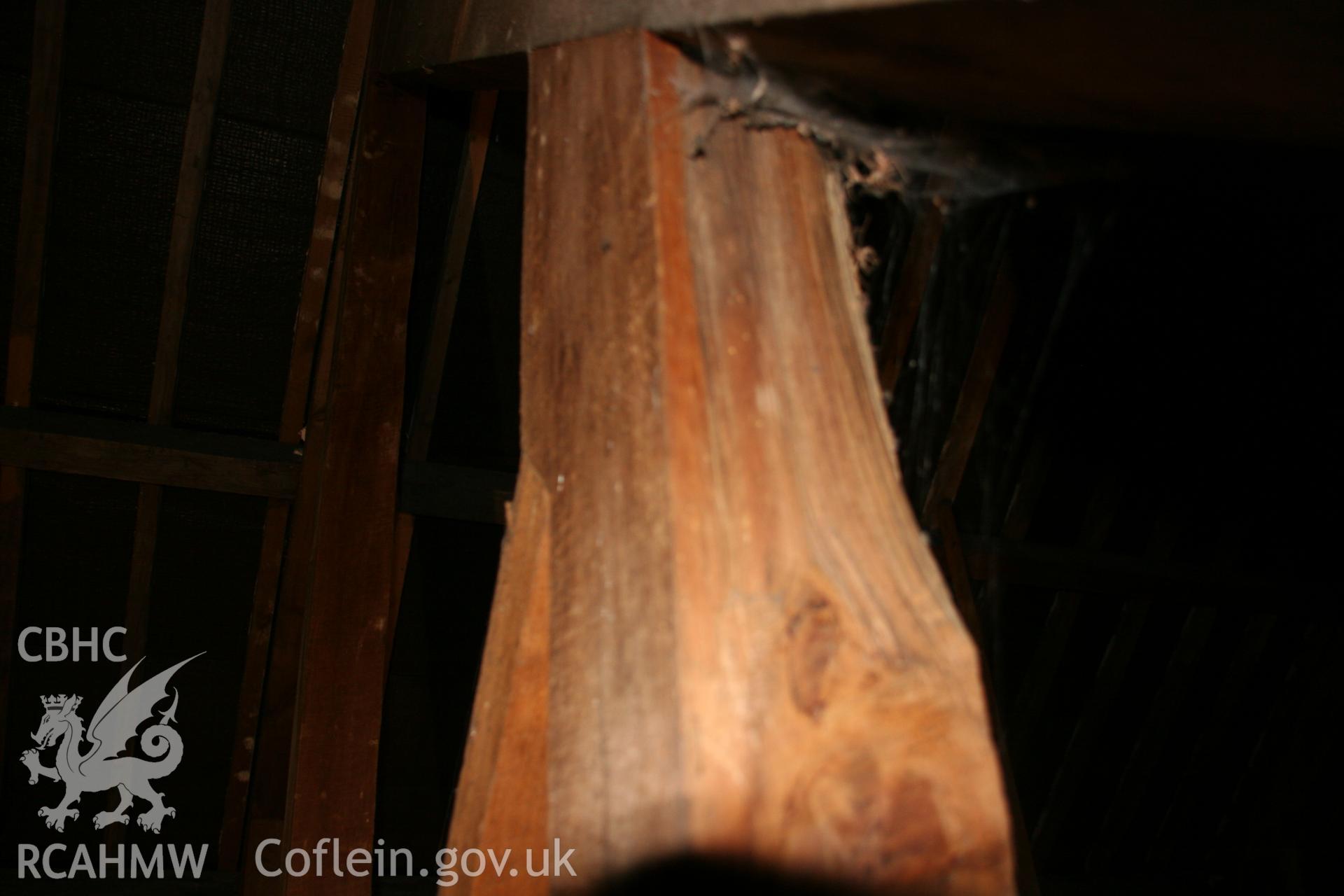 Photograph showing detailed interior view of wooden beams in the loft of the former Llawrybettws Welsh Calvinistic Methodist chapel, Glanyrafon, Corwen. Taken by Tim Allen on 27th February 2019 to meet a condition attached to planning application.