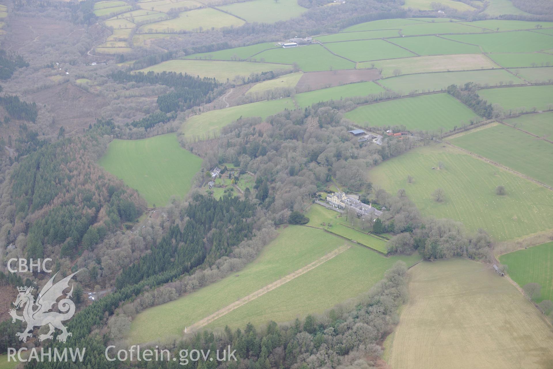 Ffynone Wood Promontory Fort, Ffynonau Mansion & its stable, garden, kitchen court and kitchen gardens, Newchapel. Oblique aerial photograph taken during Royal Commission's programme of archaeological aerial reconnaissance by Toby Driver on 13th March 2015.