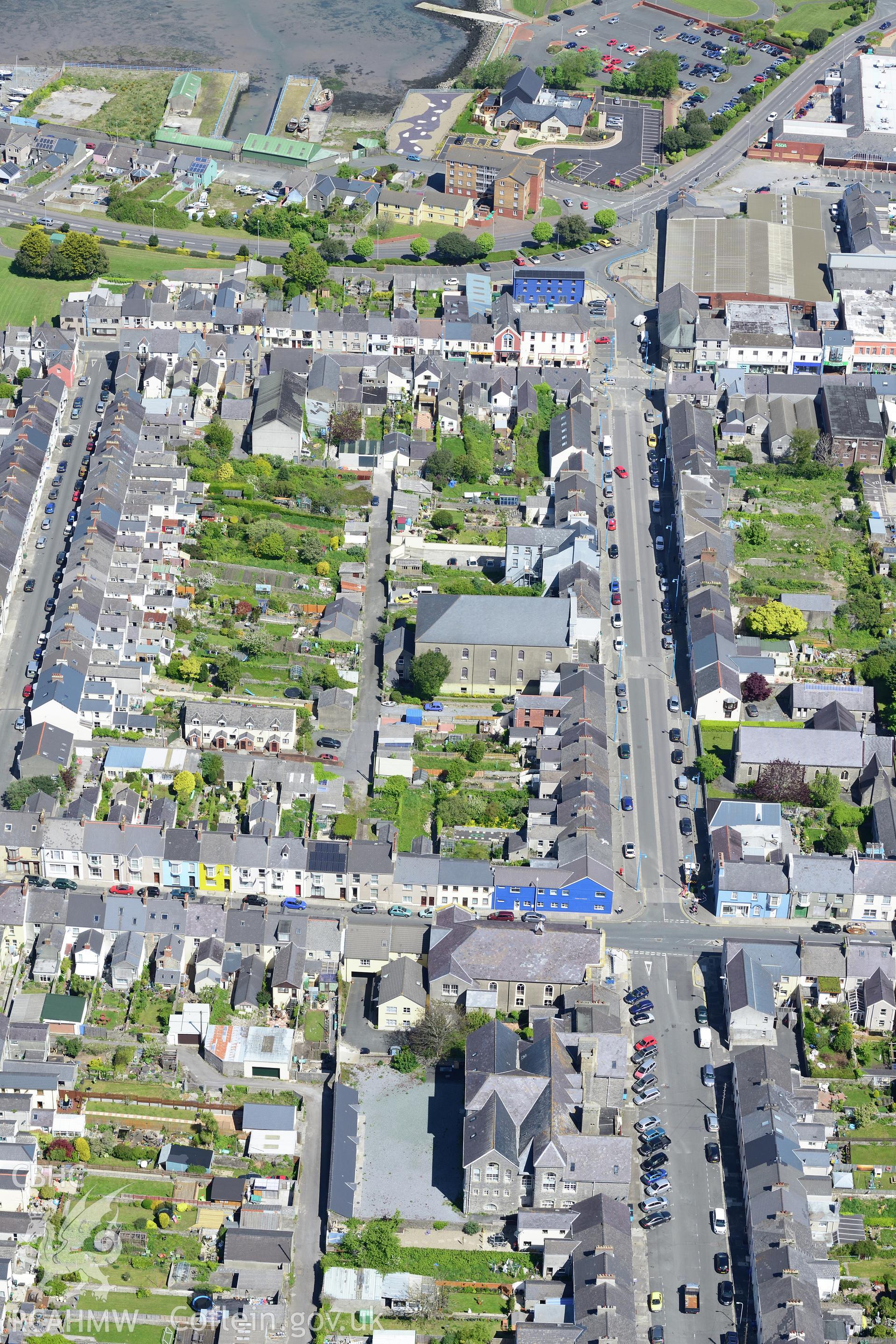 The site of the former British School and Zion Wesleyan Methodist Chapel, Pembroke Dock. Oblique aerial photograph taken during the Royal Commission's programme of archaeological aerial reconnaissance by Toby Driver on 13th May 2015.